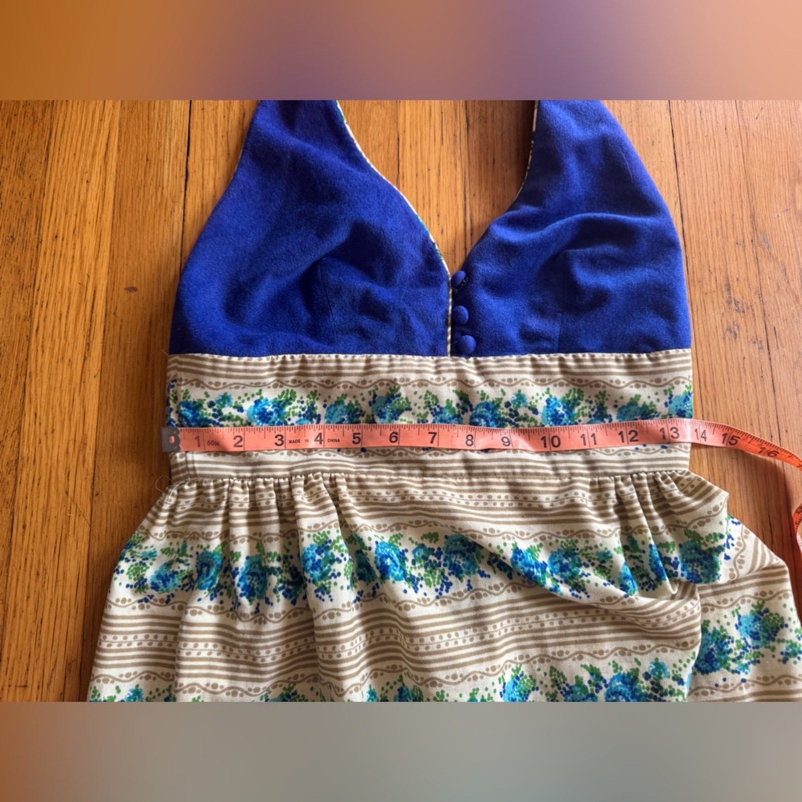 70s Vintage Blue and Cream Floral Halter Maxi Dress