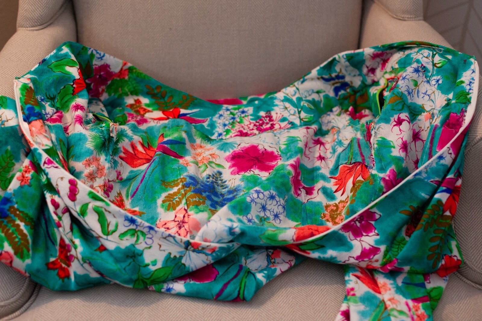 70s Vintage Hawaiian Tropical White Lotus Pink Green Floral Full Length Gown
