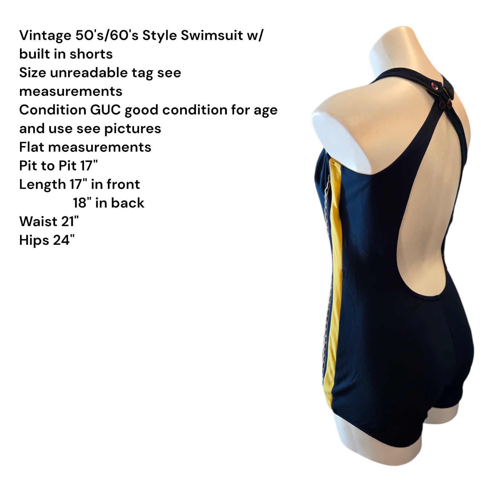 Vintage 50s 60s Blue Yellow Swimsuit M/L Playsuit One Piece Bathing Suit Pinup