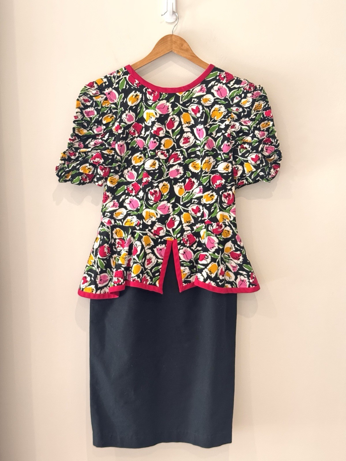 VTG Donna Morgan Non Stop 9/10 Multicolored Peplum Floral Bodice Combo Dress Y2K