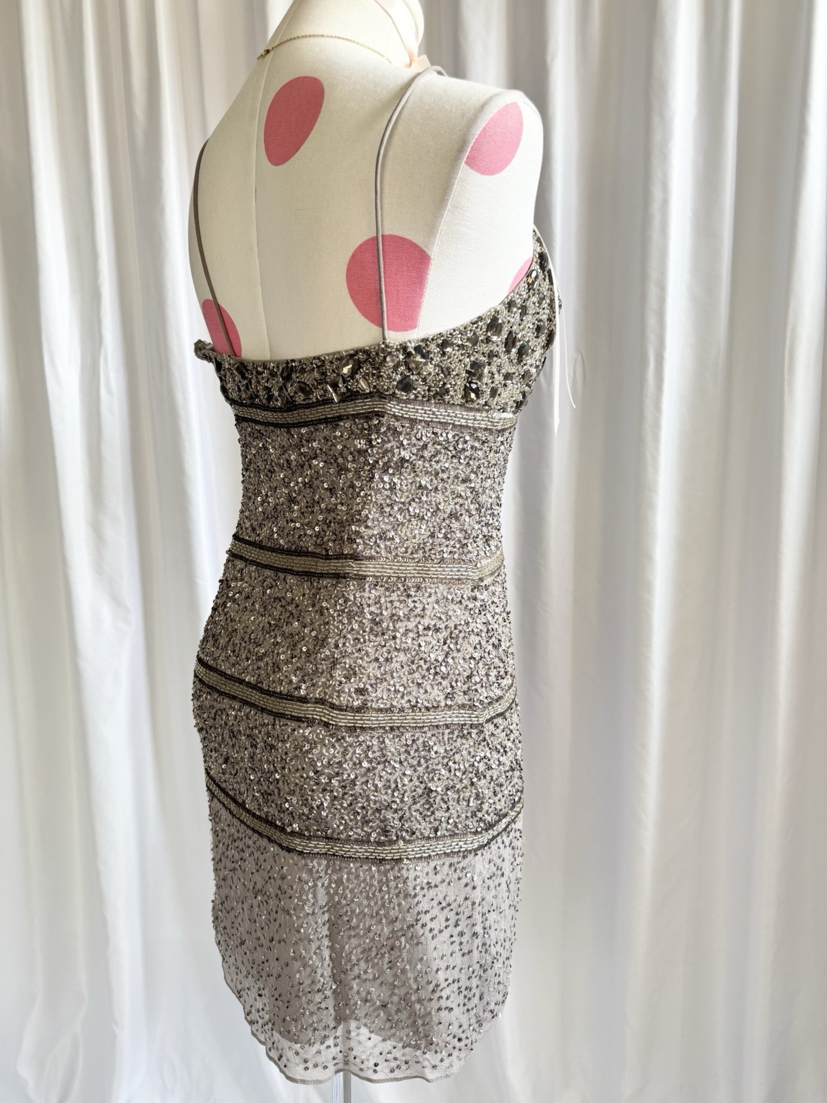 Vintage Y2K Silver Beaded Silk Sequin Gem Party Princess Mini Dress Grey Size S