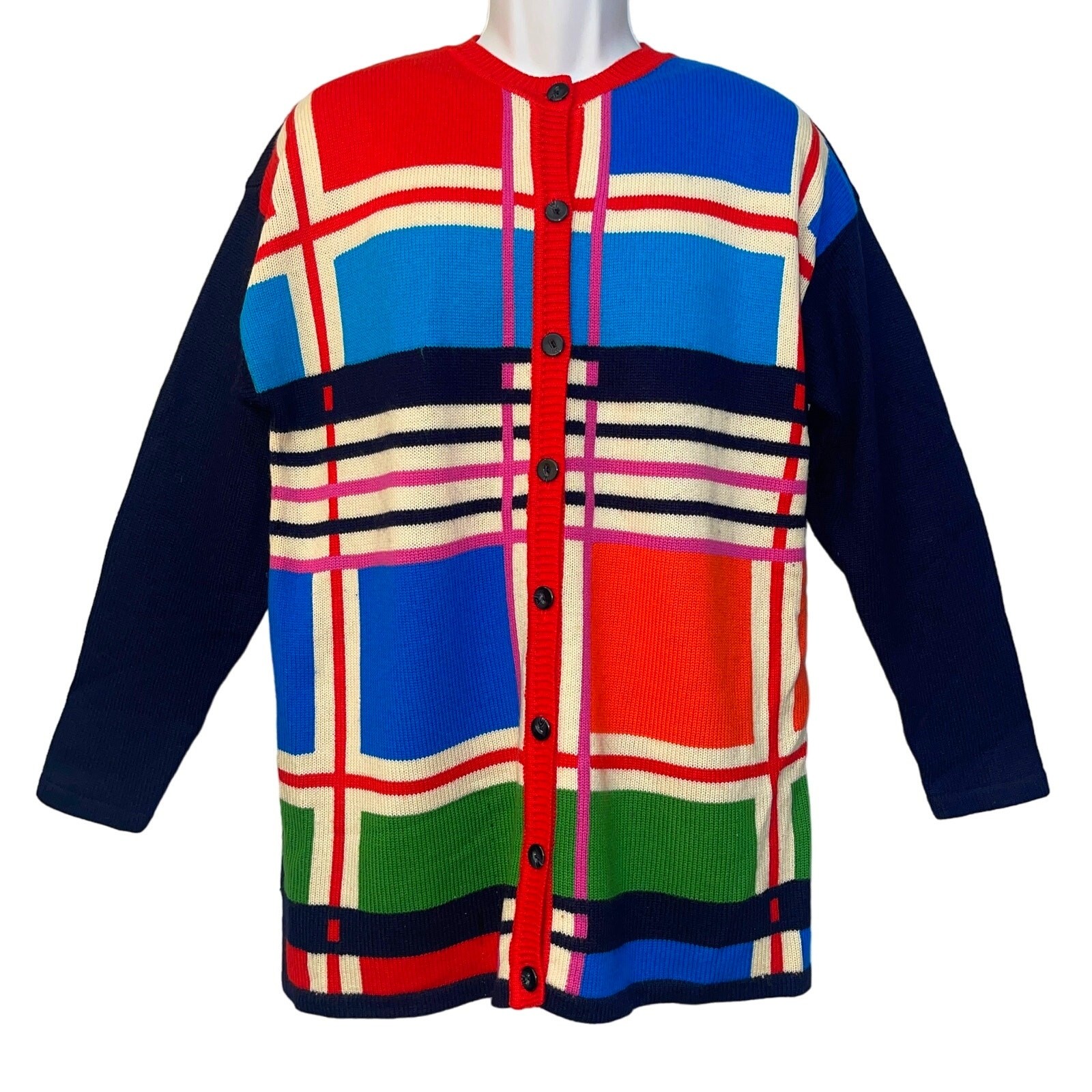 VINTAGE 90s Liz Claiborne Collection Color Block Plaid Merino Sweater Size M