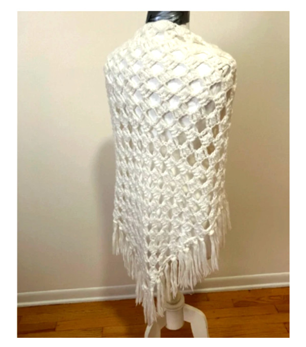Vintage Hand Made Boho Open Weave Crochet Fringed Shawl Wrap Kimono Oversized