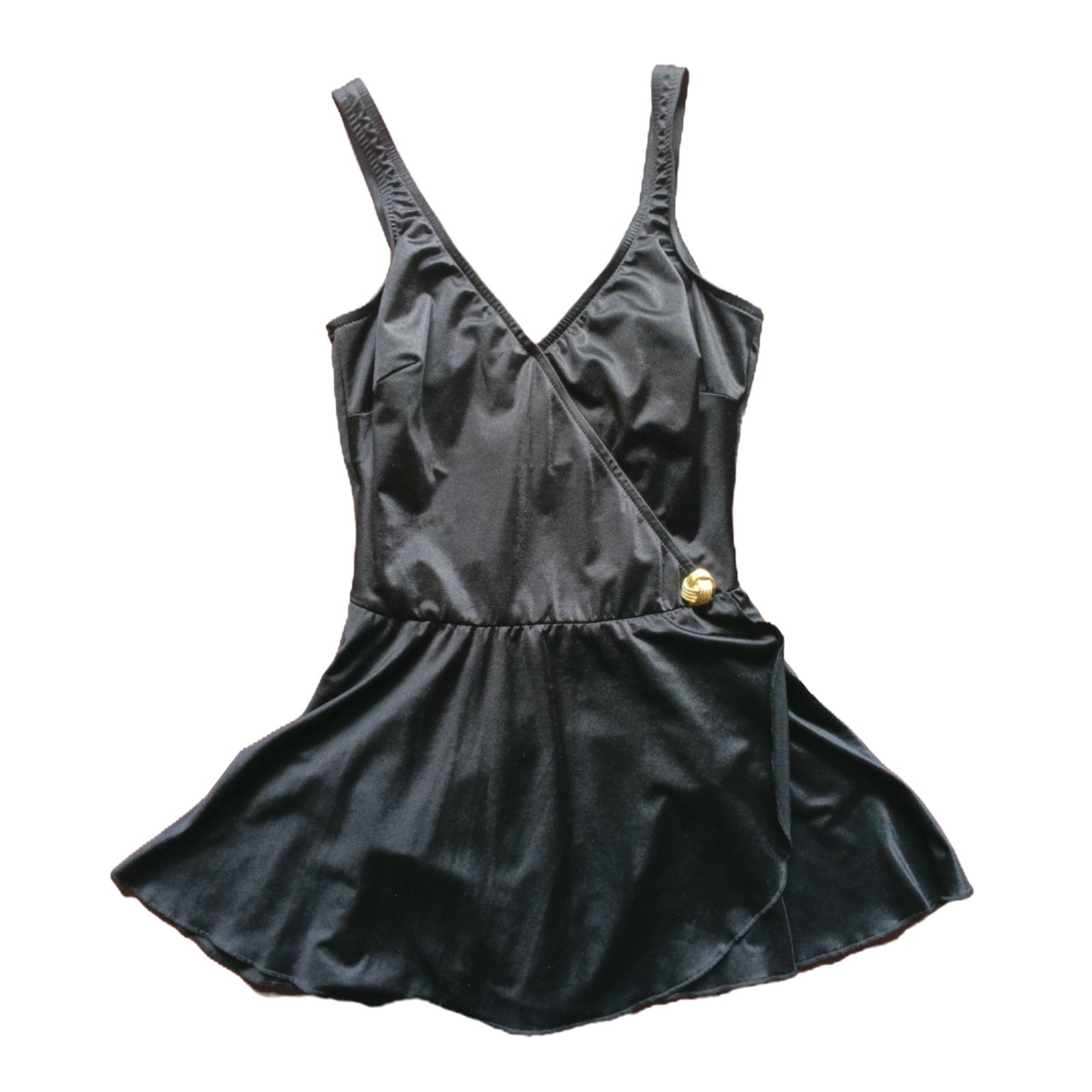 VTG 80’s Le Cove Women’s Black One Piece Swimsuit V Neck, Skirt & Gold Button 14