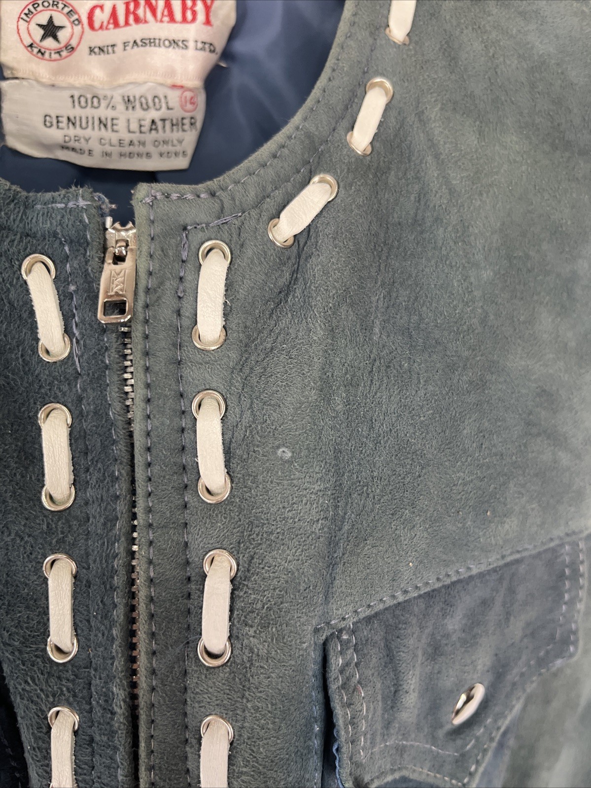 Vintage Carnaby Leather Vest Women 14 Wool Back Blue Suede Full Zip Distressed