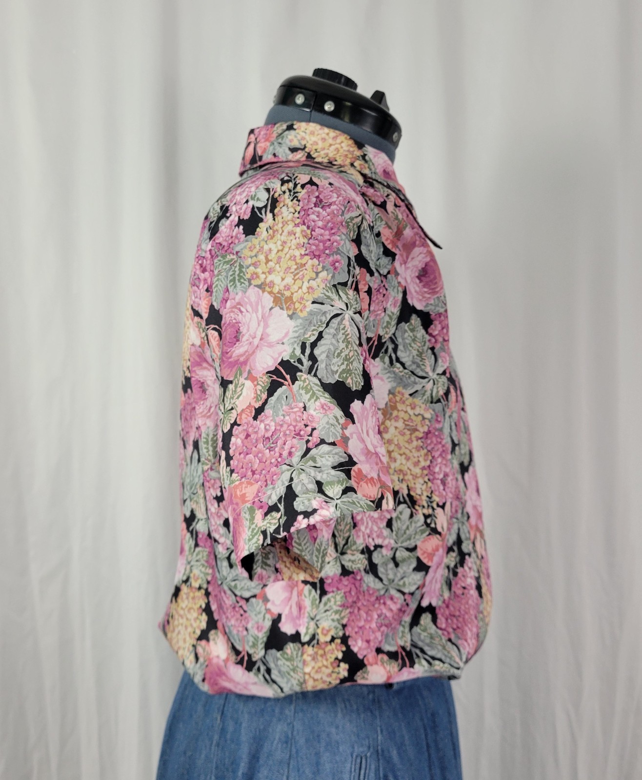 Vintage Copy Cats Black & Pink Floral S/S Blouse w Accent Collar Size 12