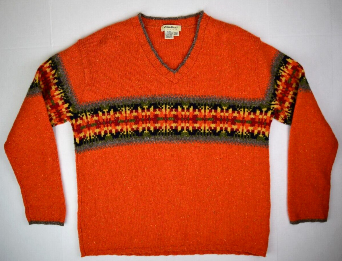 Vintage Sweater Size M 90s Eddie Bauer Orange Donegal Wool Mid Stripe Crew Neck