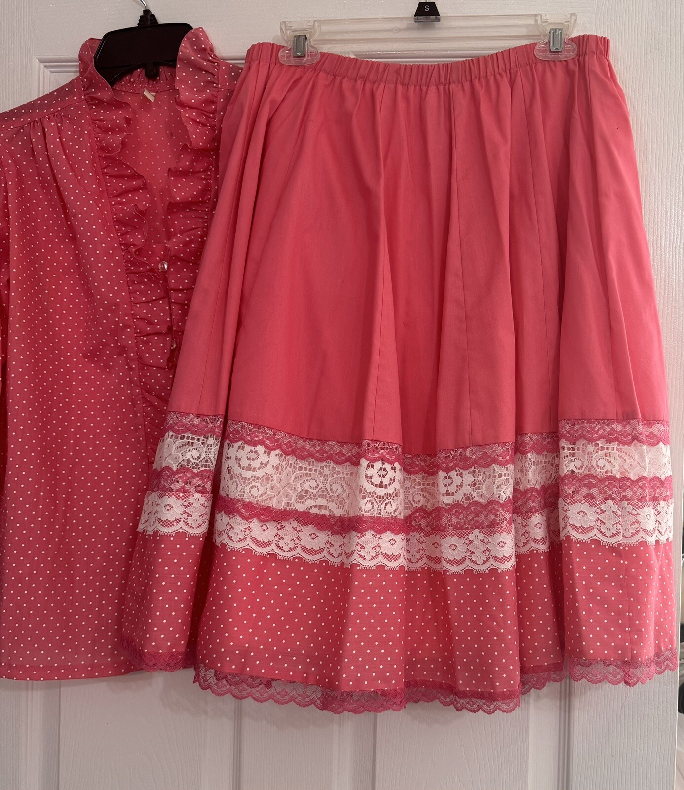Vtg 70s Pink Polkadot Blouse & Skirt Little House Creations Carefree Creations