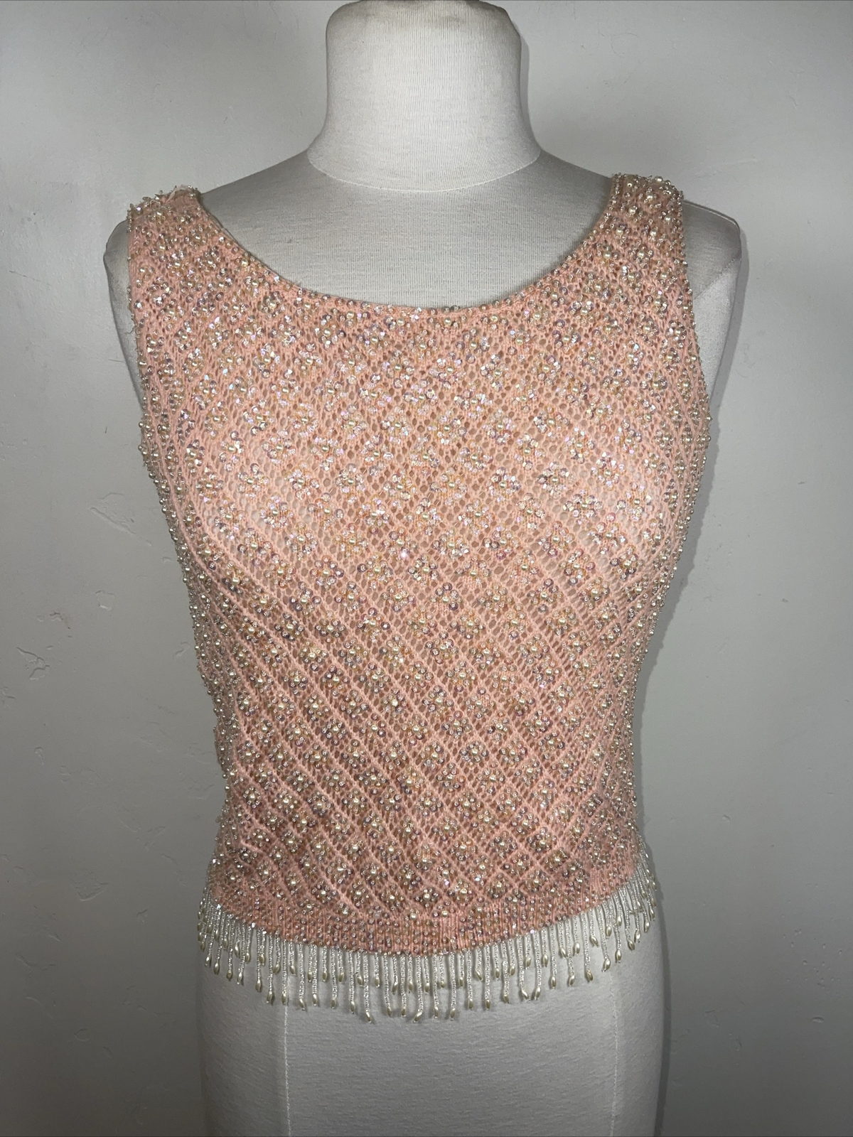 Vintage 1960s peach beaded sequin showgirl top blouse go-go shirt evening wear