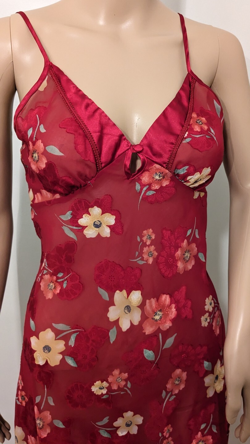 Sexy Secret Treasures Long Gown Sz M Deep Red Sheer Floral Burn Out Slip Dress