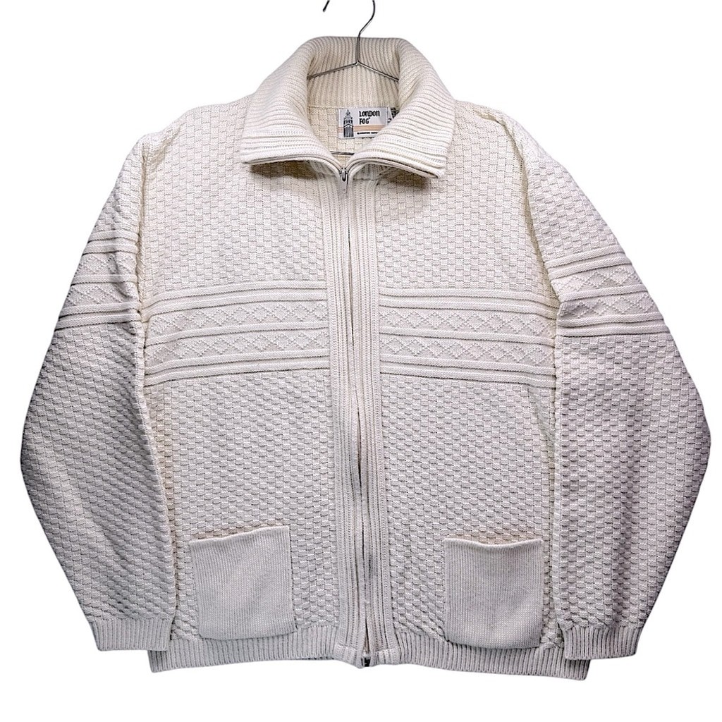 London Fog Vintage Ivory Fisherman Style Sweater Zip Front Funnel Mock Collar XL