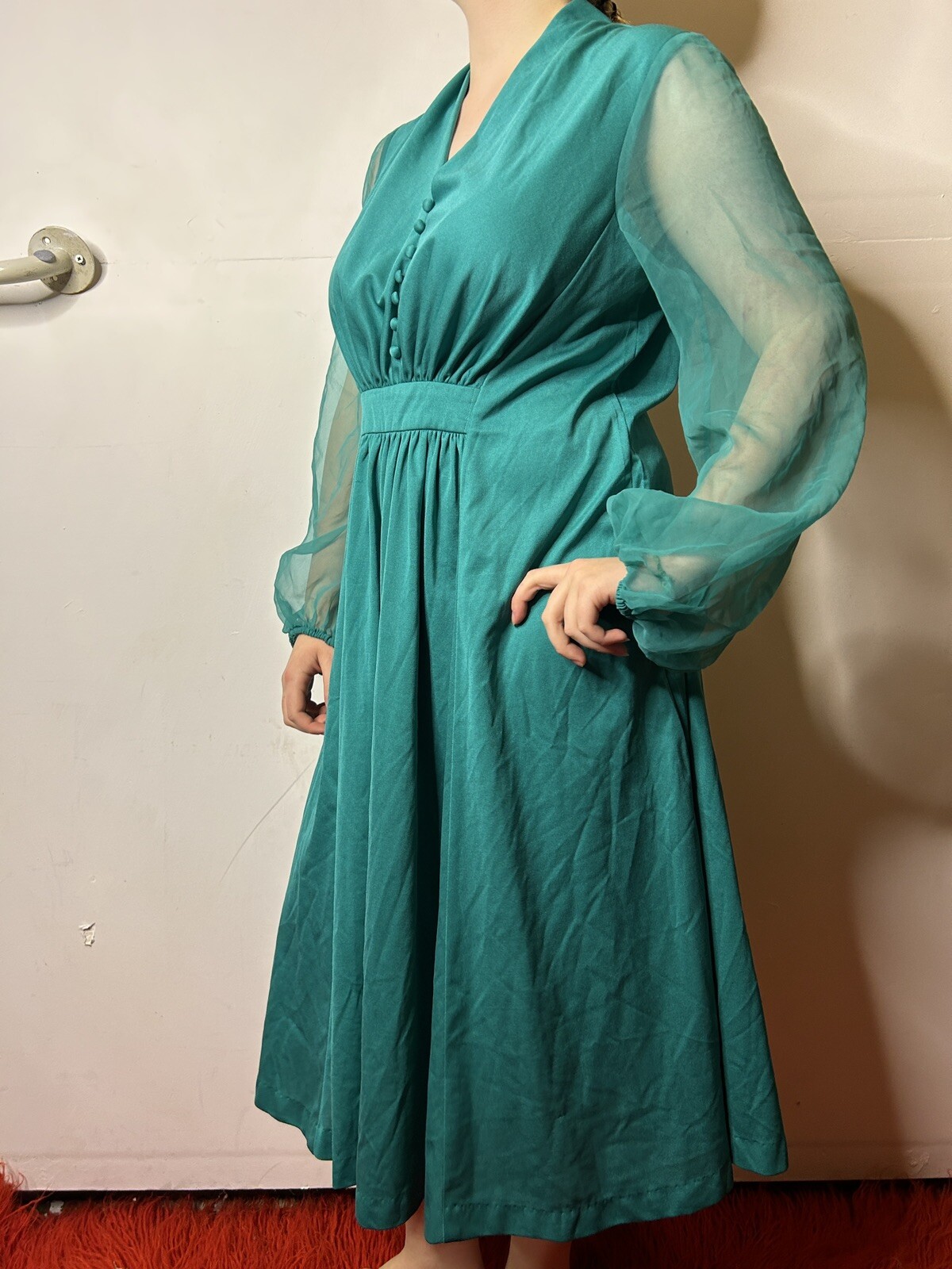 Vintage 1980s does 70s Teal Midi Caftan Dress Chiffon Sleeves Prairie Boho AU 14