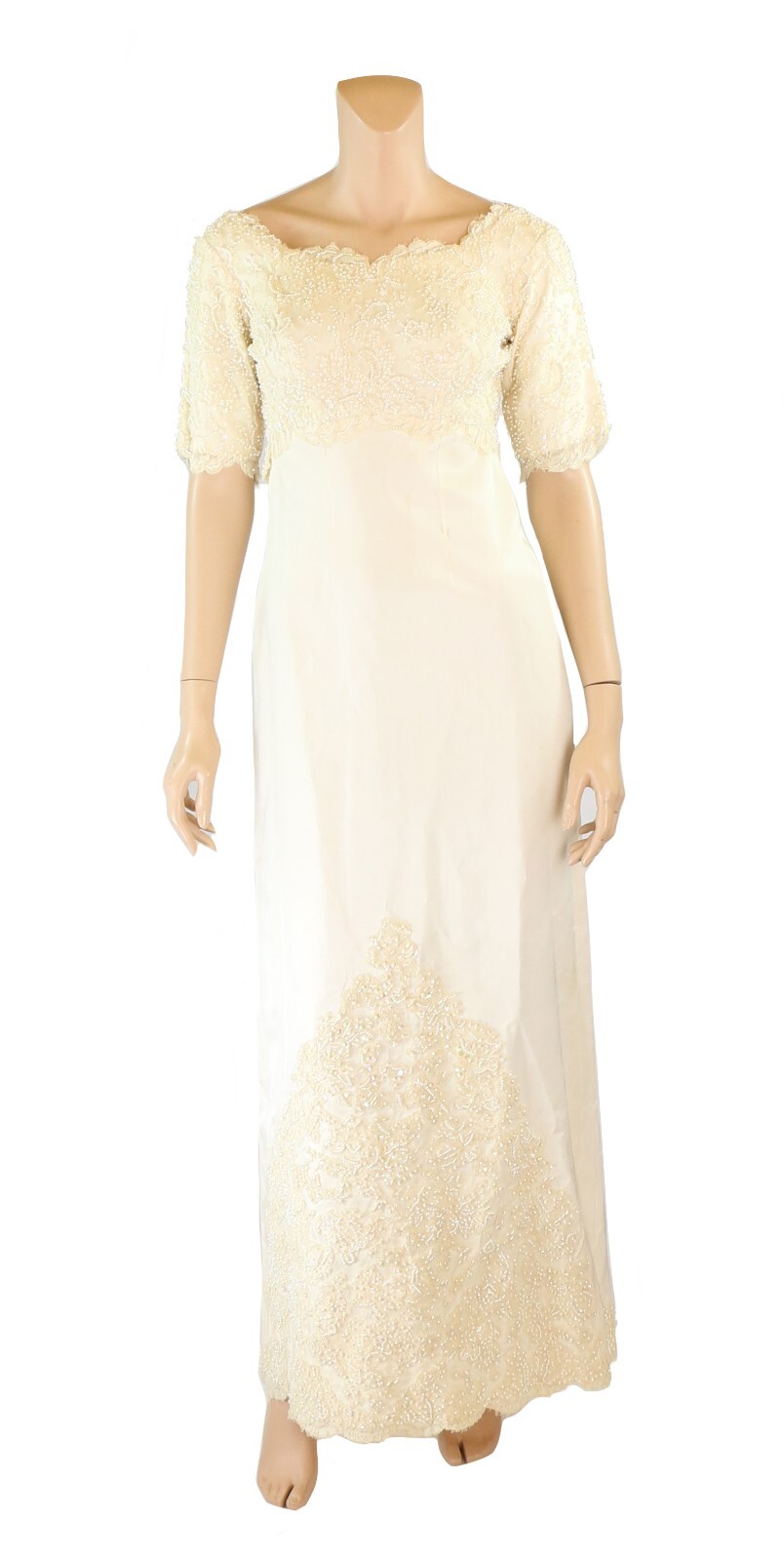 Unbranded Vintage 60s Ivory Satin & Alencon Lace Wedding Dress size 5/6