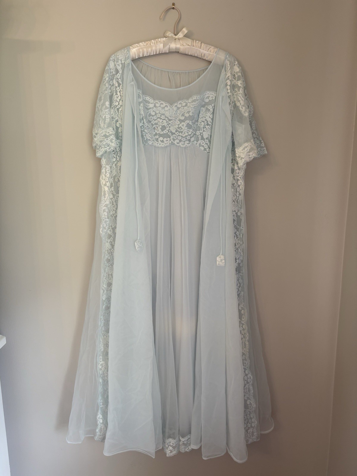 Vtg Shadowline 60s Nylon Sheer Blue Lace Nightgown Robe Peignoir MCM L Large