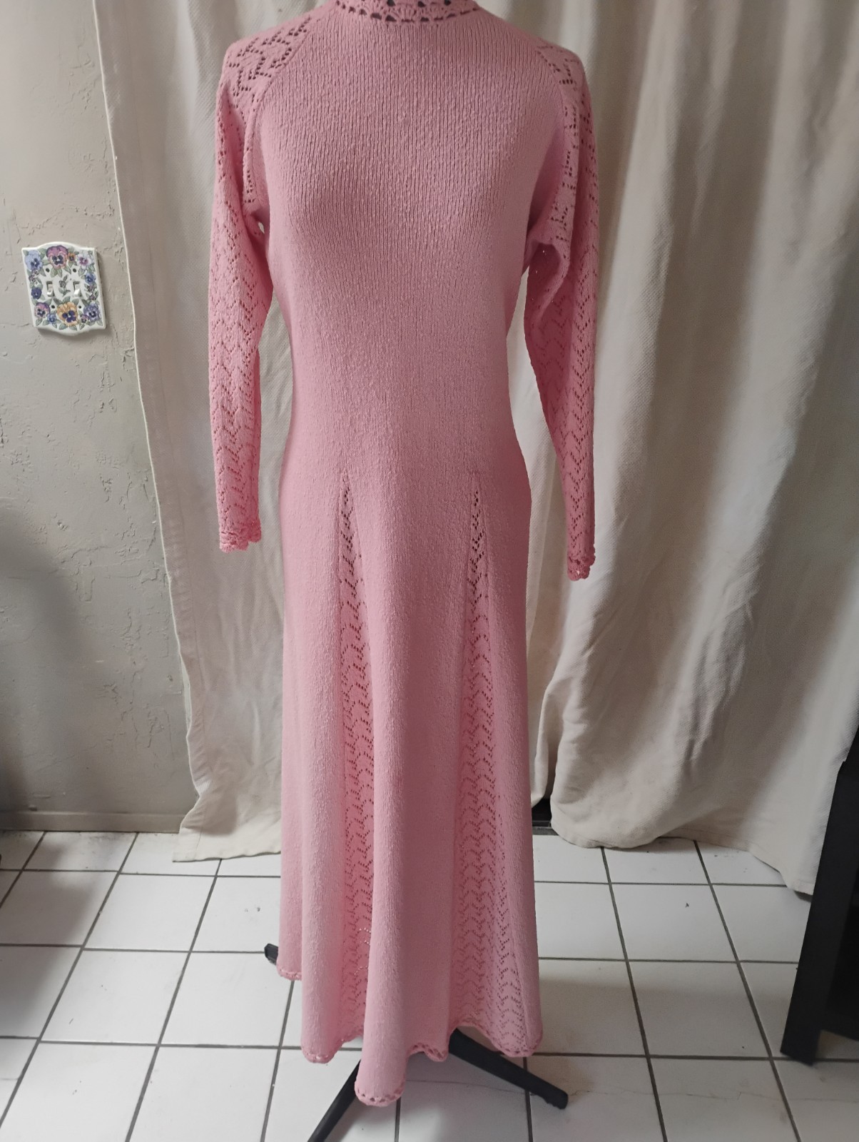 St. John Exclusive Vtg Santana Pink Pointelle Knit Long Dress Sz 10