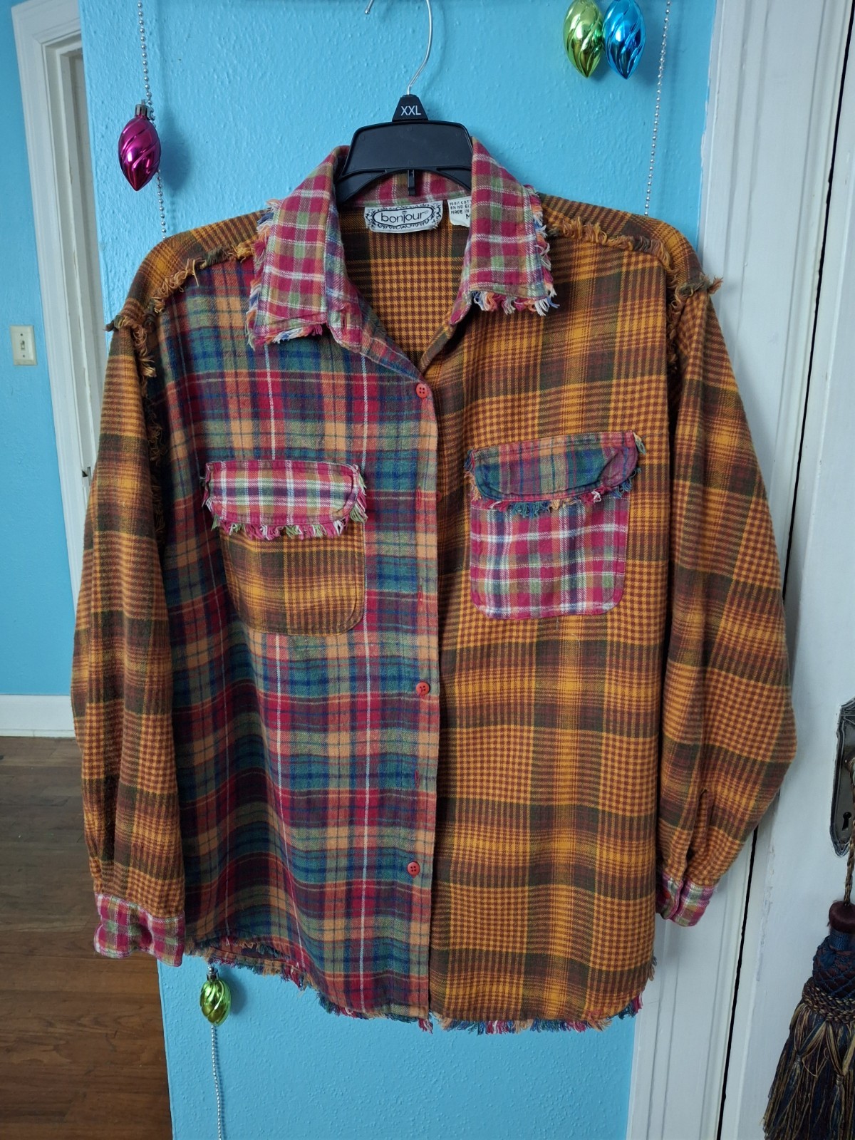 Y2K Bonjour Cotton Flannel BOHO Distressed Country Plaid Women’s Sz Med Shirt
