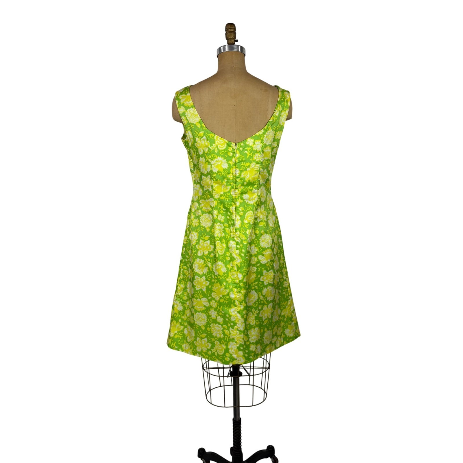 Vintage 60s Floral Dress Womens Medium Lime Green Yellow Mini Sheath Retro