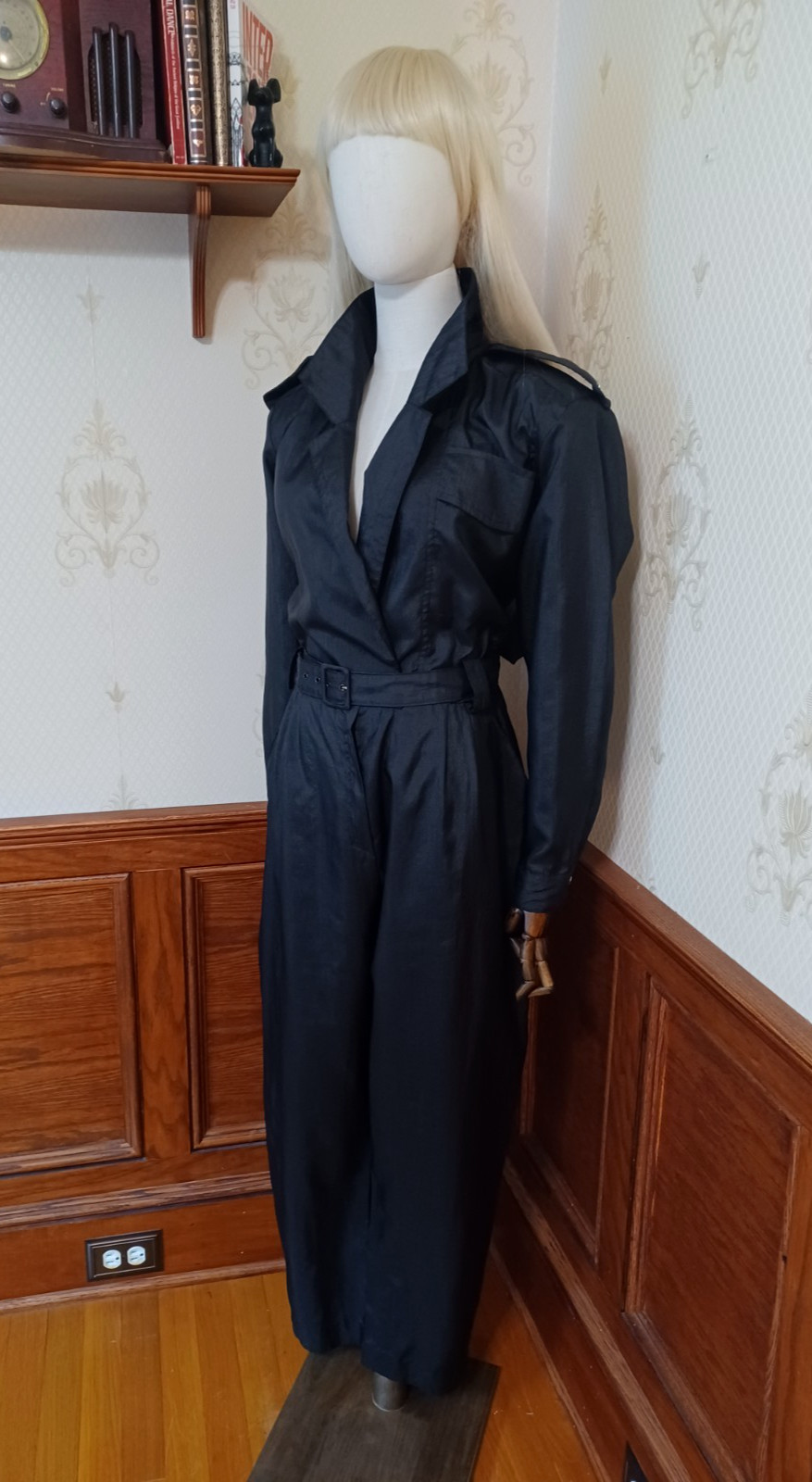 Vintage 1980s Matches Black Shiny Wet Look Maximalist Parachute Jumpsuit