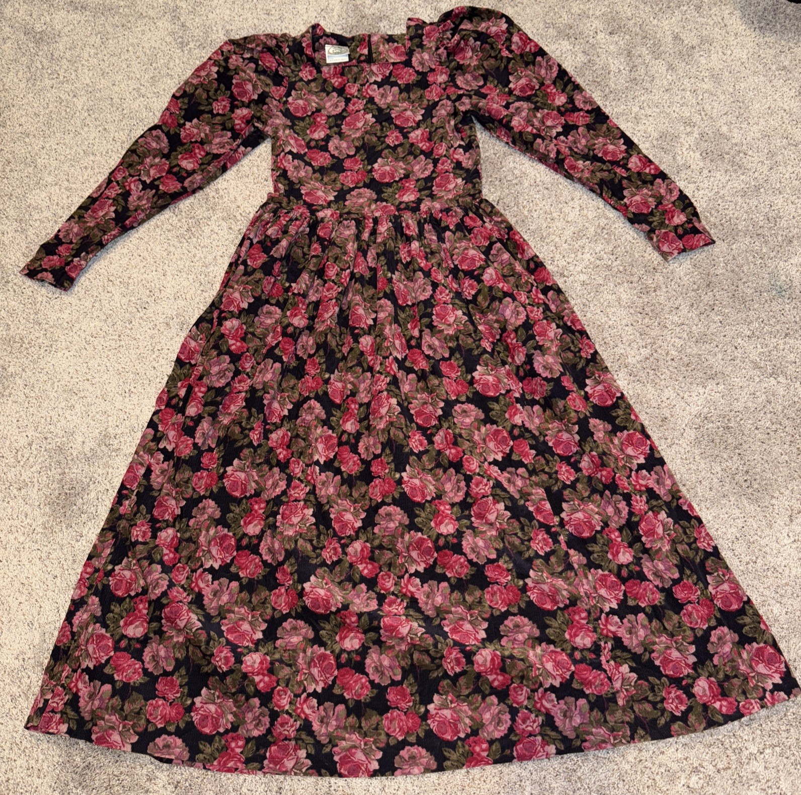 Vtg 80’s Laura Ashley Corduroy Pink Roses Dress Sz 6 Long Puff Sleeves Prairie