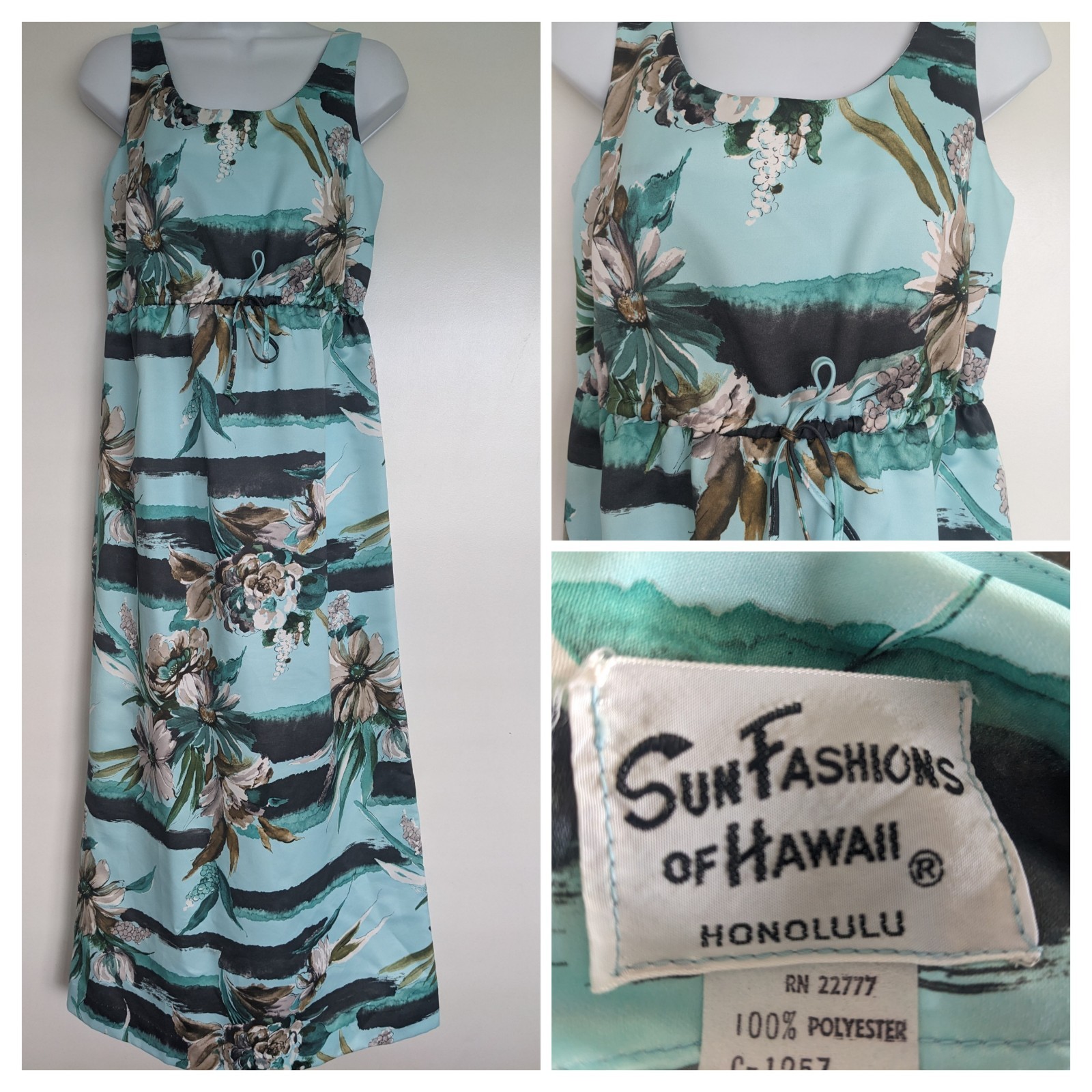 Sun Fashions of Hawaii vintage Hawaiian turquoise blue maxi dress floral empire