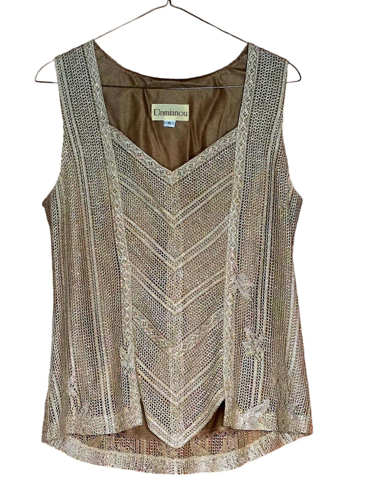 New Vintage Damianou Golden Knit 3 PC Set Skirt Jacket Top S Deco Look