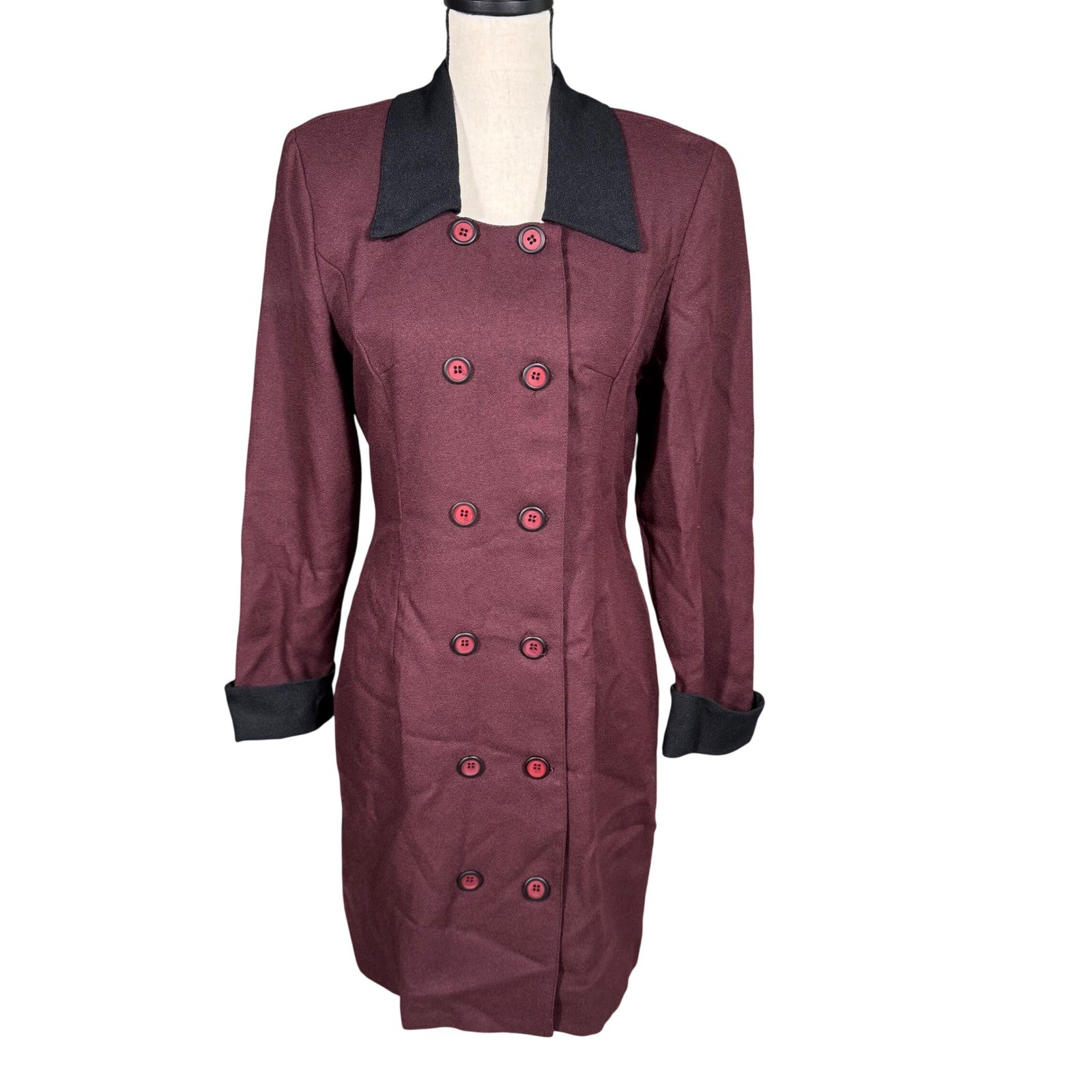 90s Vintage La Belle Fashions Burgundy Double Breasted Dress Black Collar Size 7