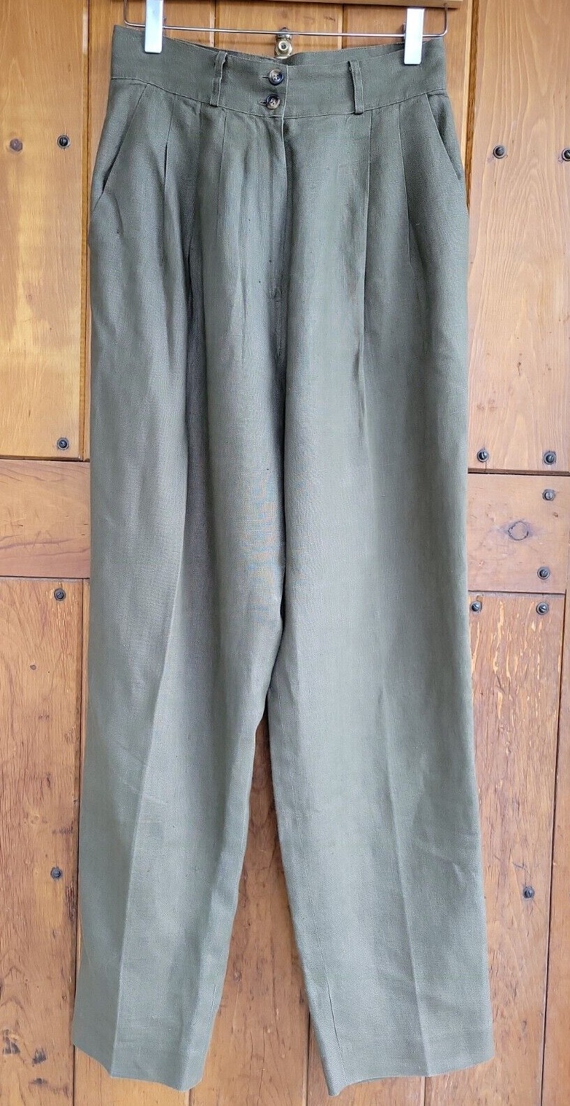 Vintag Lauren Alexandra Sz 8 Olive 100% Linen High Rise Pleated Tapered Trouser