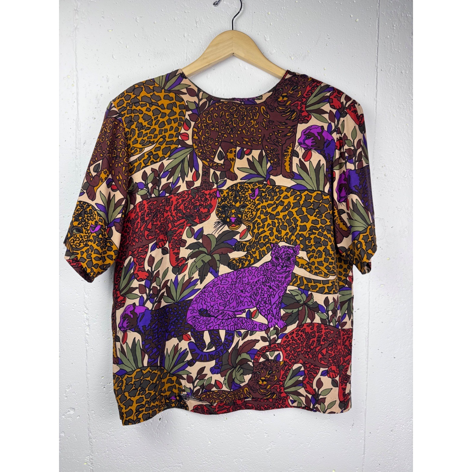 Vintage 90s Ana Capri Safari Leopard Jungle Print Blouse Made in USAWomen Large