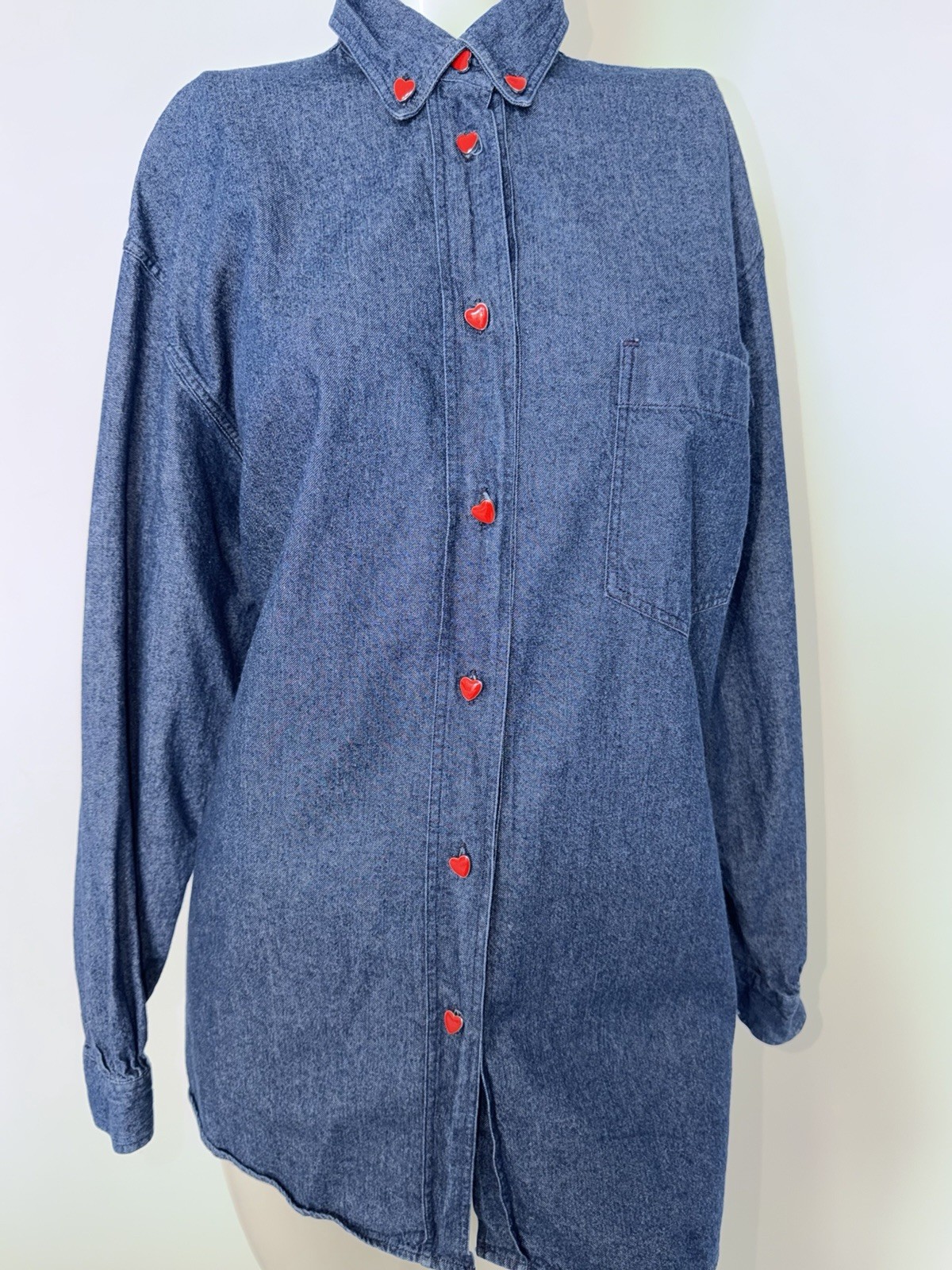 VTG 90s Franco Moschino Jeans Iconic Backwards Heart Peace Signs Denim Shirt MED