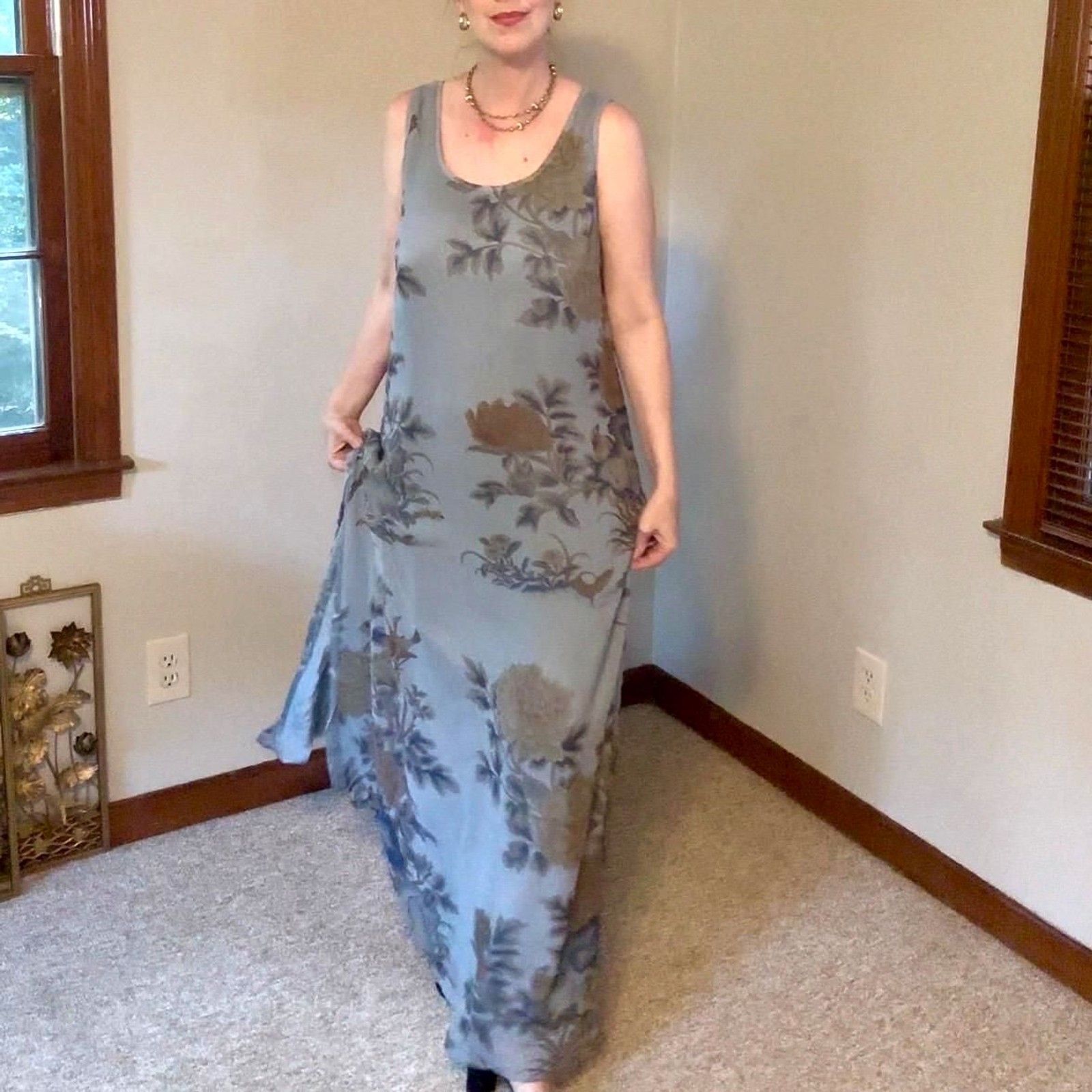 Vtg 90s Citron Santa Monica Silk Floral Maxi Dress Pale Blue Floaty Romantic M