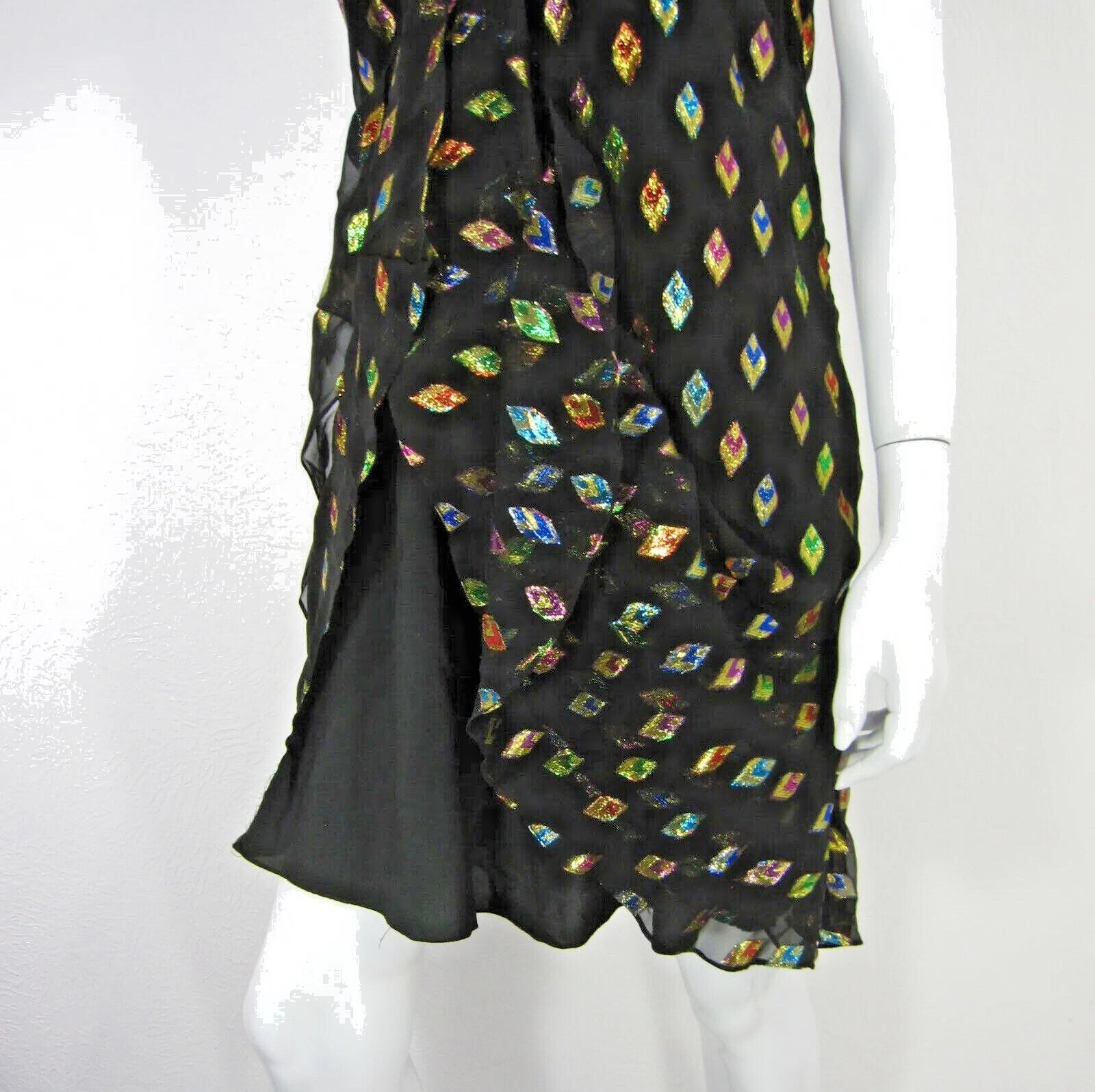 DKNY Women’s colorful Diamond Embroidered Dress Size L Large Black Ruffled Hem