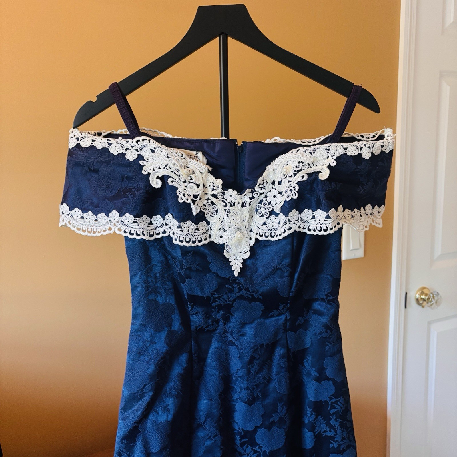 Vintage Blue Navy 80s 90s Floral Lace Off Shoulder Short Dress Sz 3 Timeless