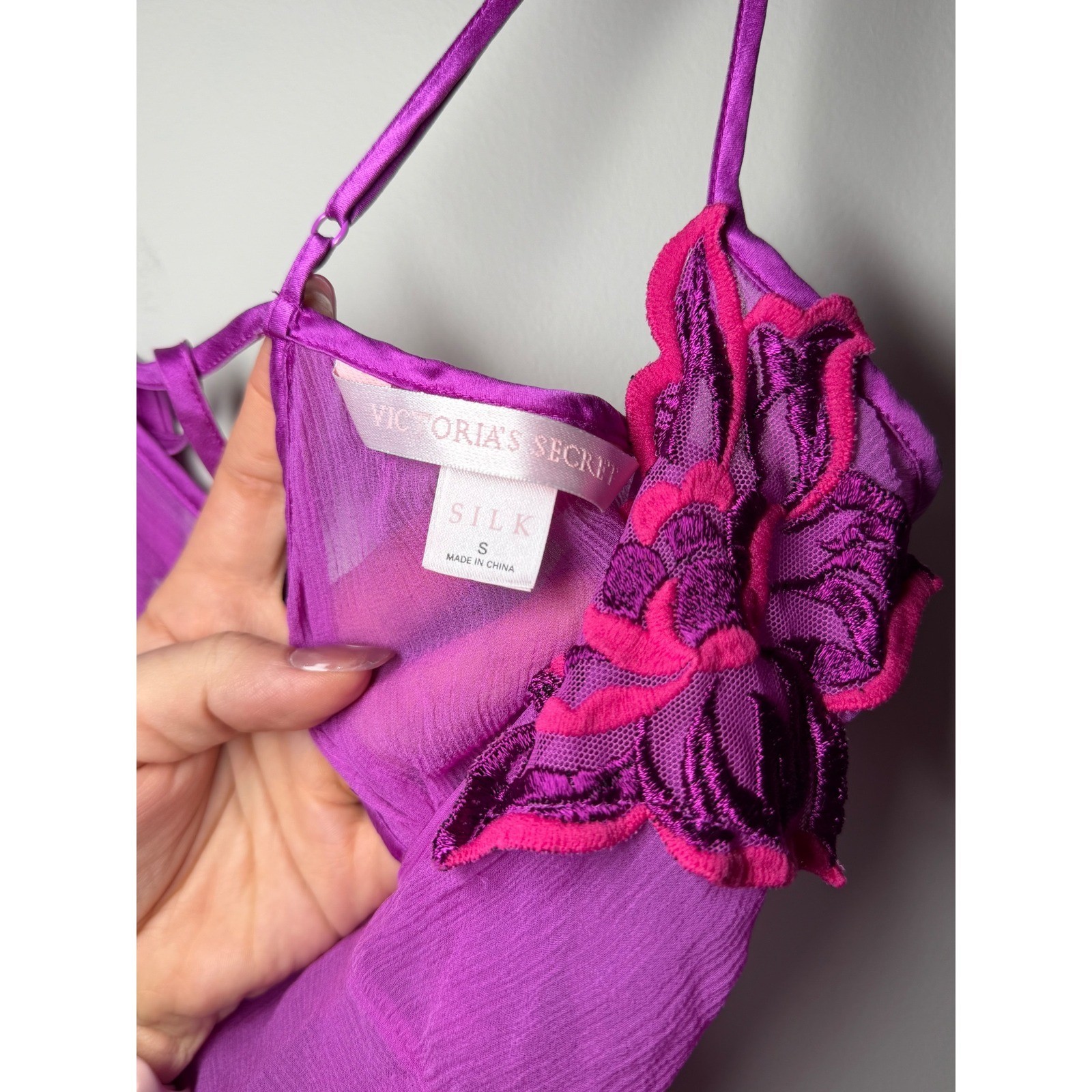 Y2K Vintage Victorias Secret Silk Slip Dress Purple Pink Floral Sheer Mini Small