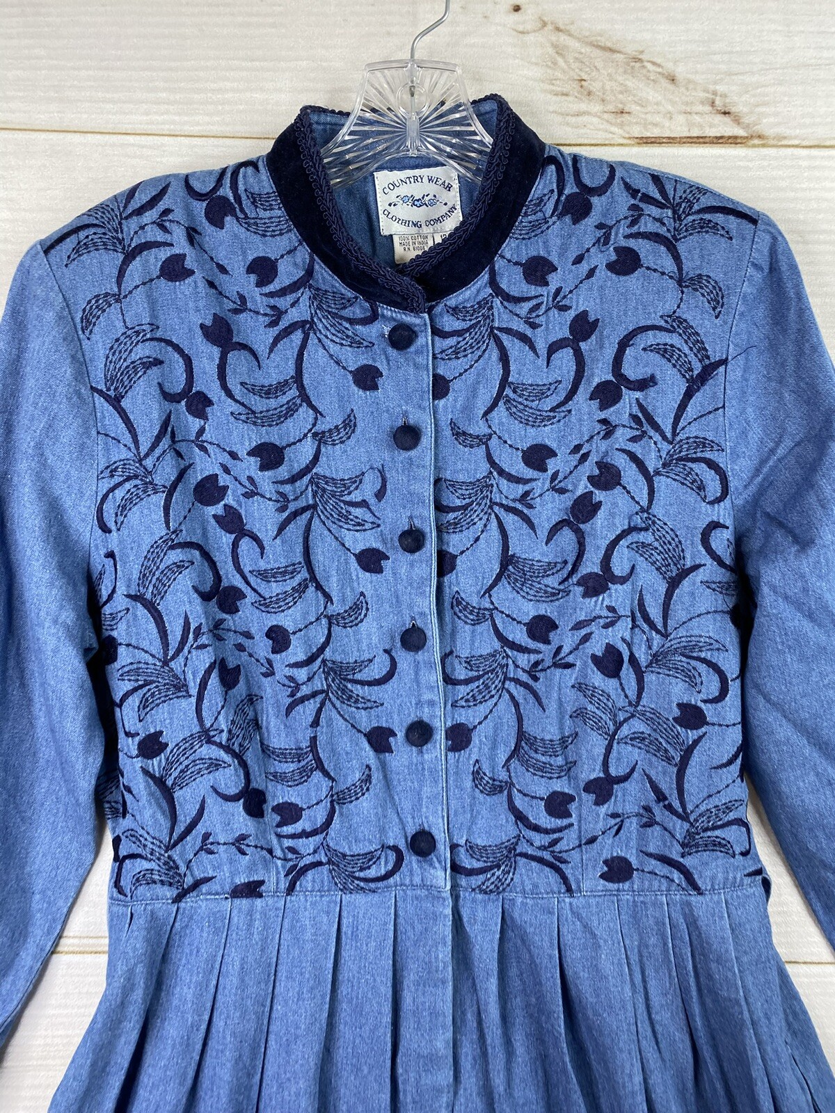 Vtg Country Wear Clothing Co Denim Dress Sz 12 Velvet Embroidered Cottagecore