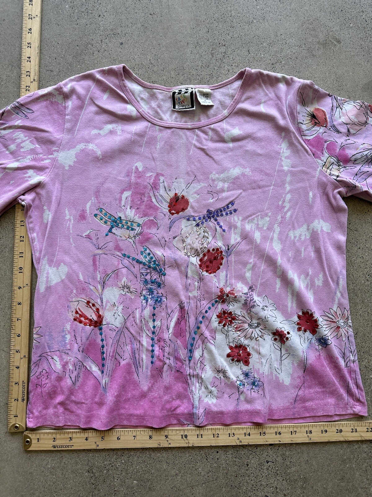 Vintage Y2K Take Two Clothing Co. Pink Sequin Floral Dragonfly Garden Shirt Sz M