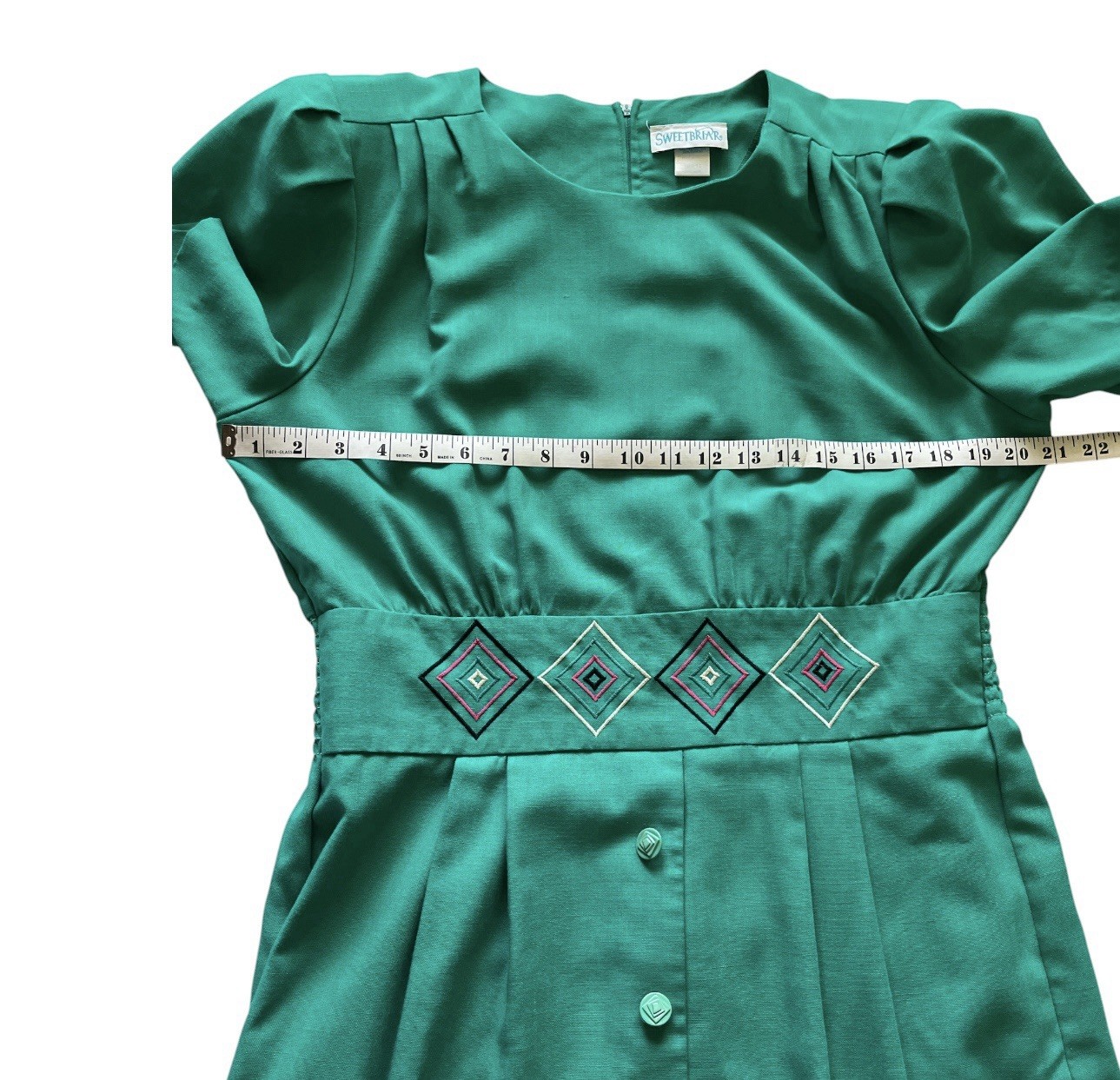 Vintage 80’s Sweetbriar Short Sleeve Green Dress Size 14 Round Neck Poly Blend