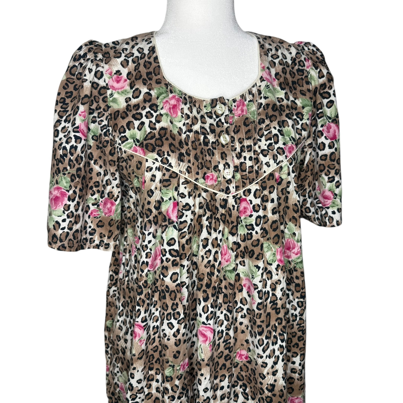 1980s Vintage Barbizon S Animal Print Floral Nightgown Muumuu House Dress Cotton