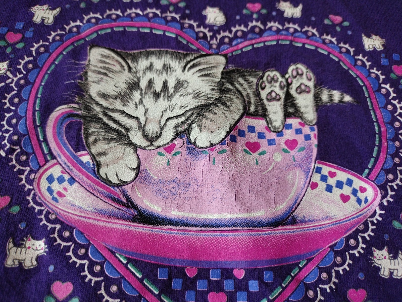 Vintage XL Grandma Style Morning Sun Jerzees Purple Cat Sleeping USA Made Shirt