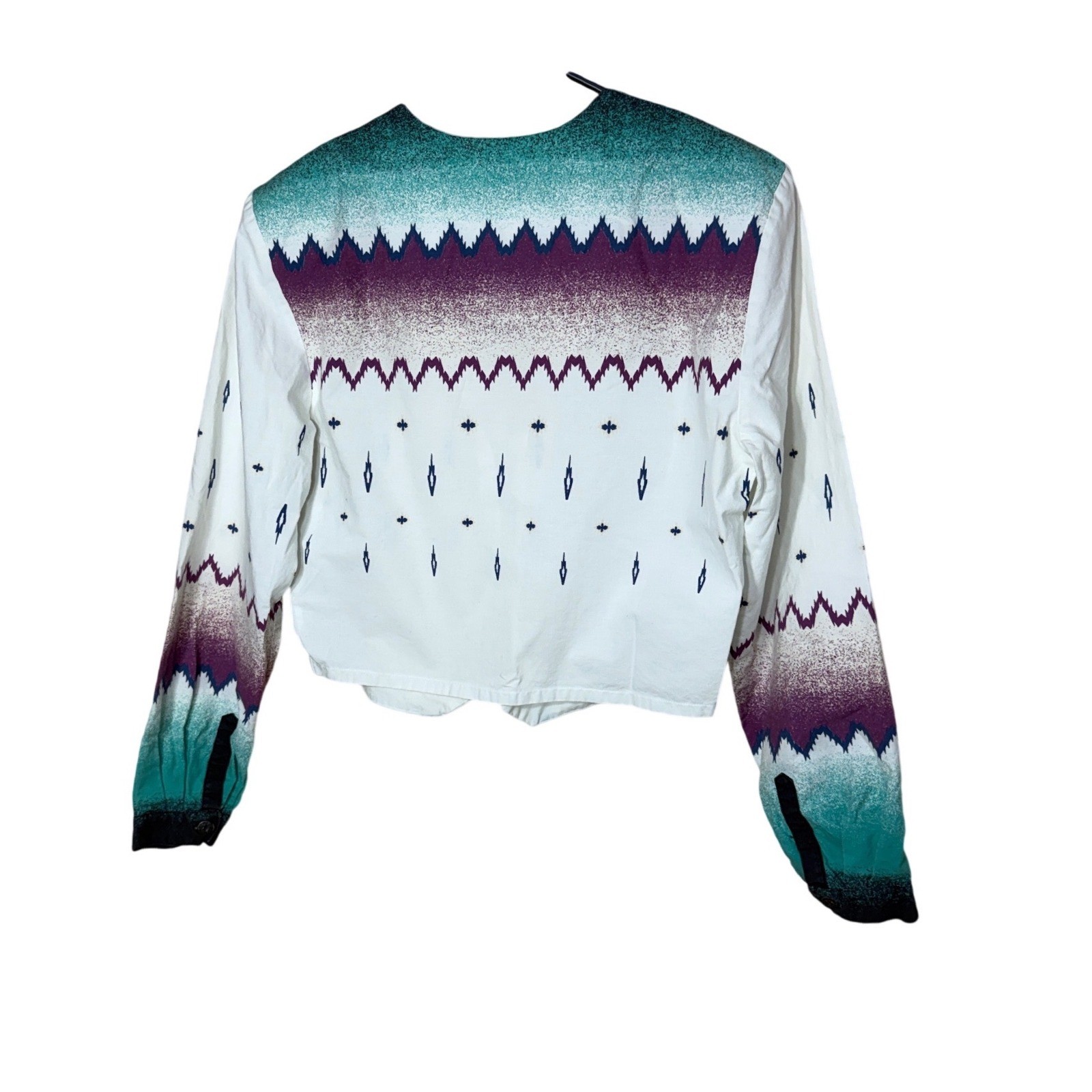 Alamosa Vintage Womens Southwestern Cropped Cotton Top White Teal Purple L