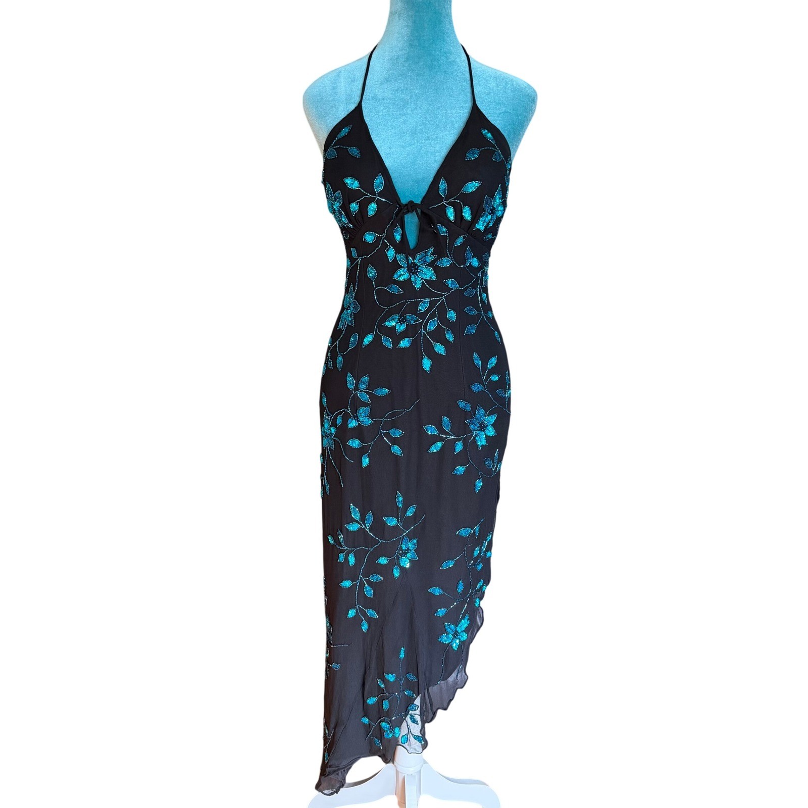 Cache Womens Silk Halter Maxi Black Teal Sequin Beaded Prom Fairy