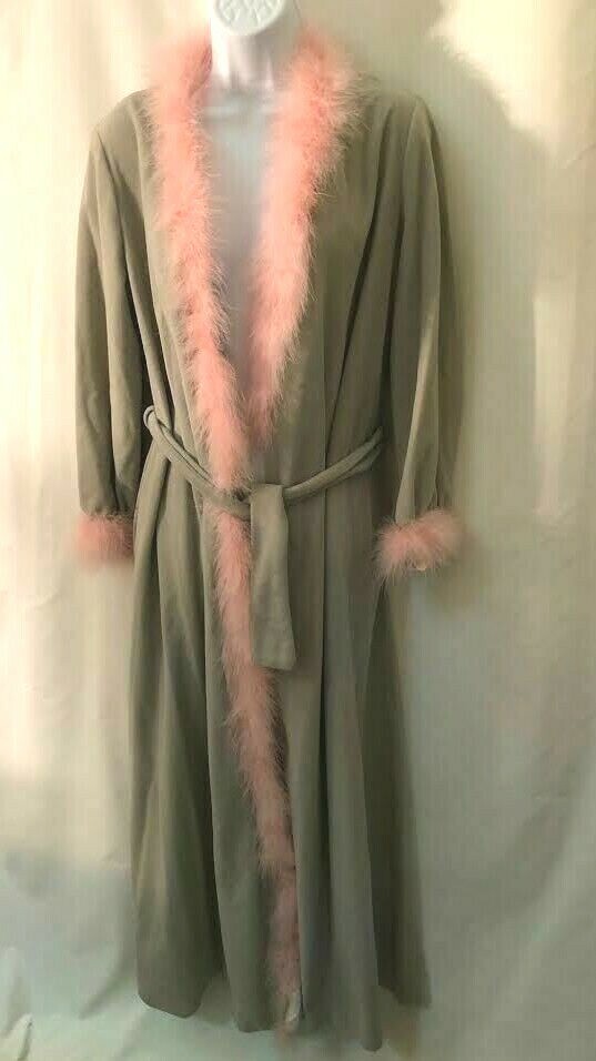 VTG 70s deadstock gray fleece long bathrobe with candy pink marabou feathers SM