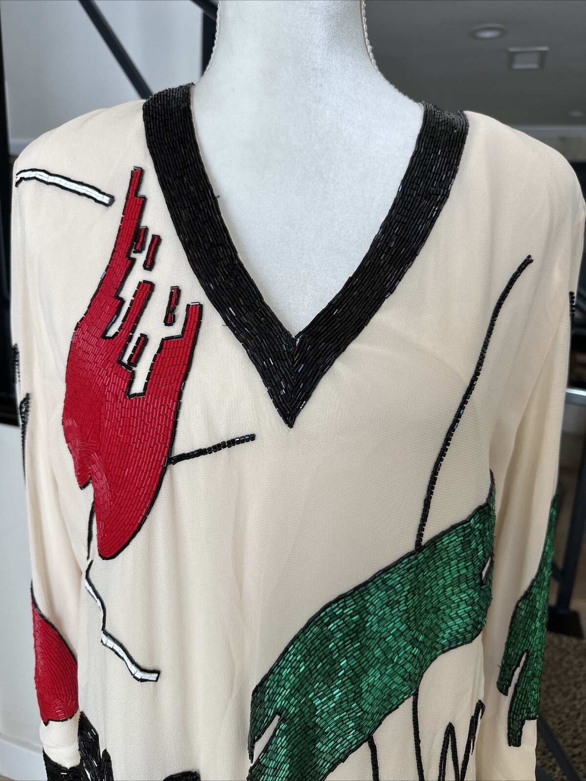 Fabrice Silhouettes 80s Ivory And Vibrantly Colored Beaded Shift Dress 10