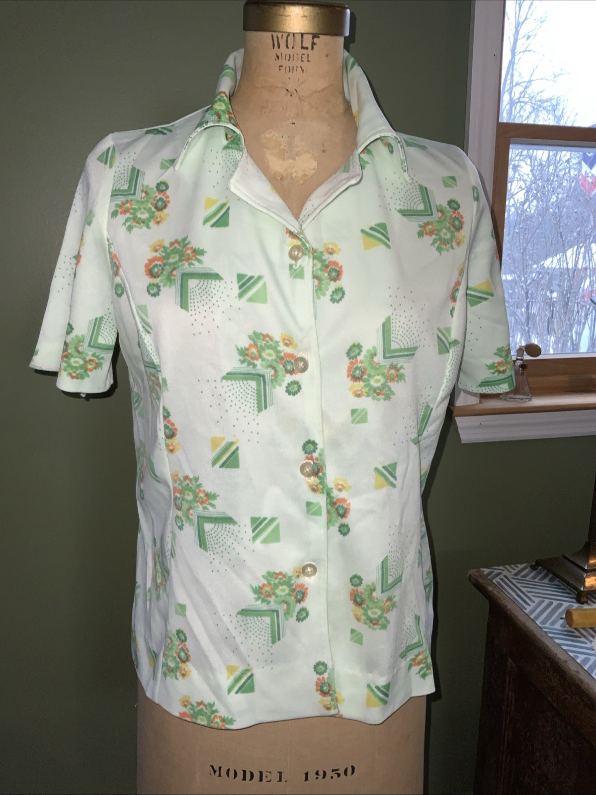 Vintage 50s Style Women’s Collar Button Up Shirt Homemade Light Green Sz 12
