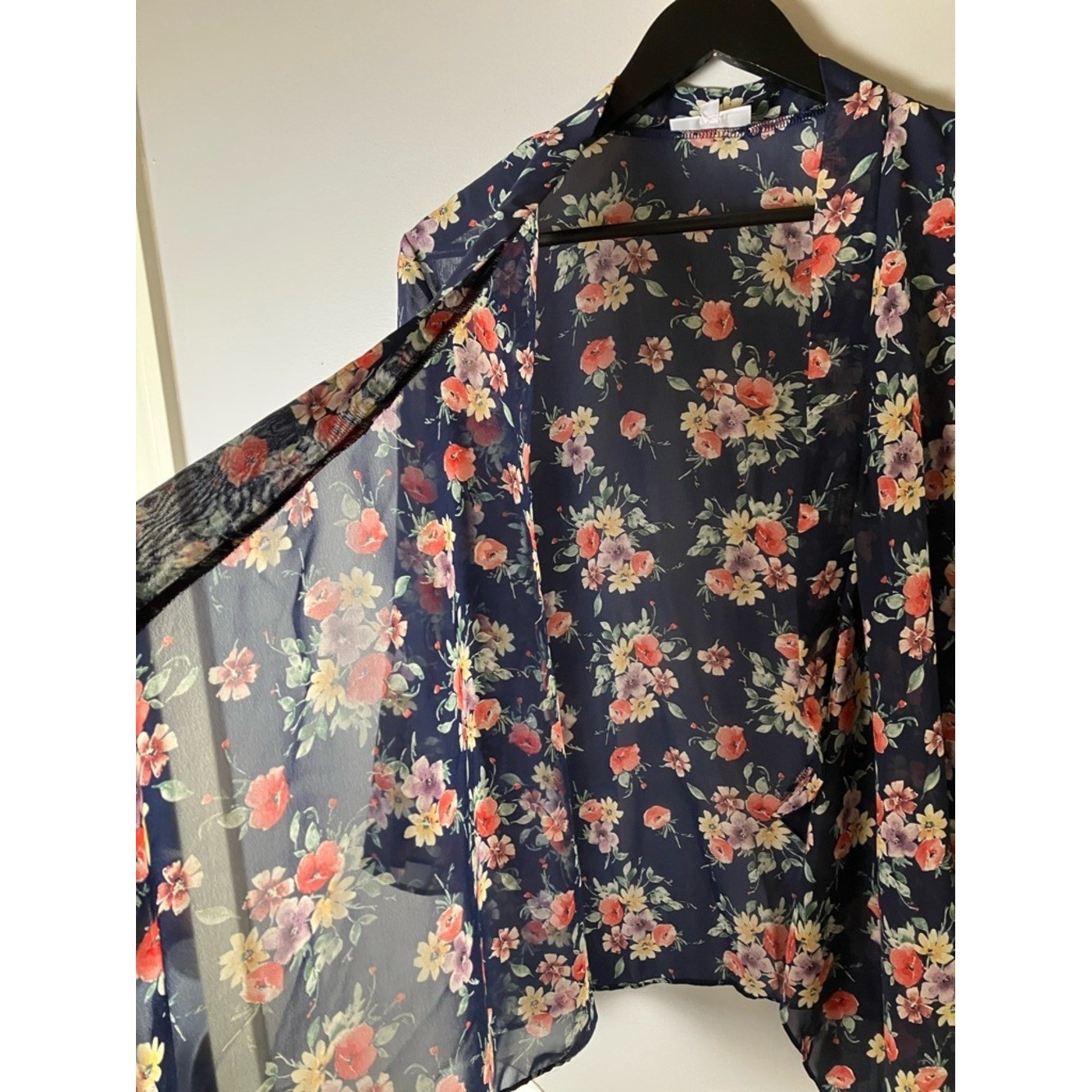 Vintage Navy Floral Sheer Kimono Open Cardigan Cottagecore Romantic Size Medium