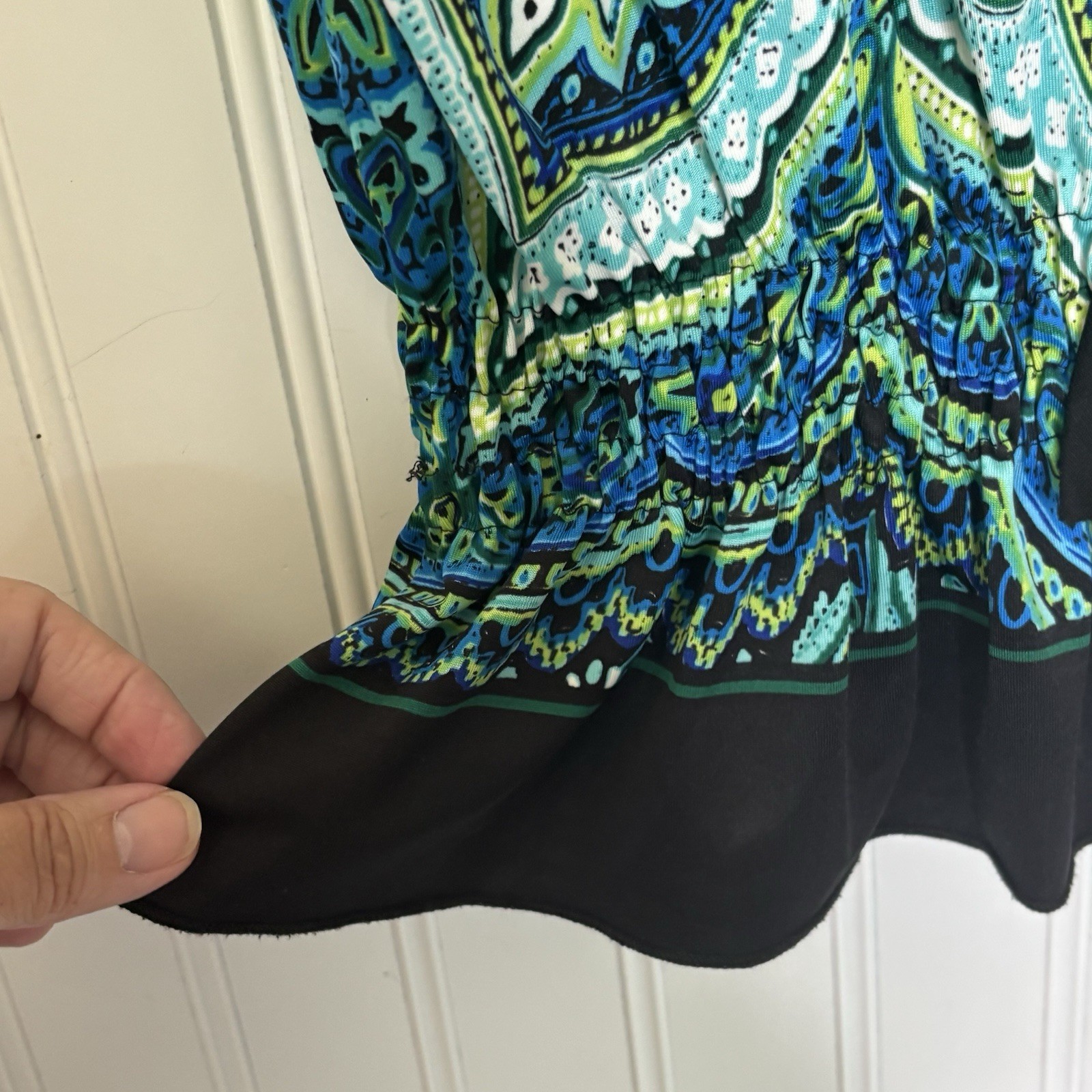 Vtg Carol Rose Peplum Top Blouse Petite Med Teal Lime Black Paisley Boho Peasant
