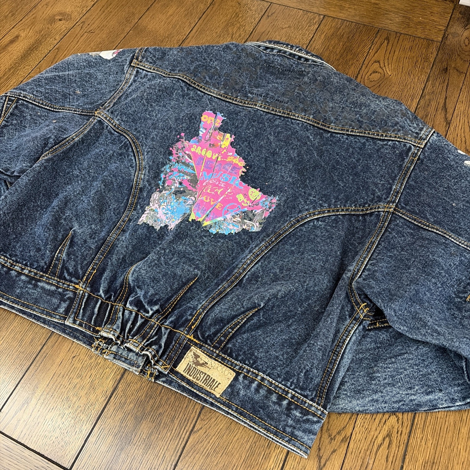 VTG 80s 90s Denim Jacket Nuovo Industriale Sz L WORN THRASHED Glitter Graffiti