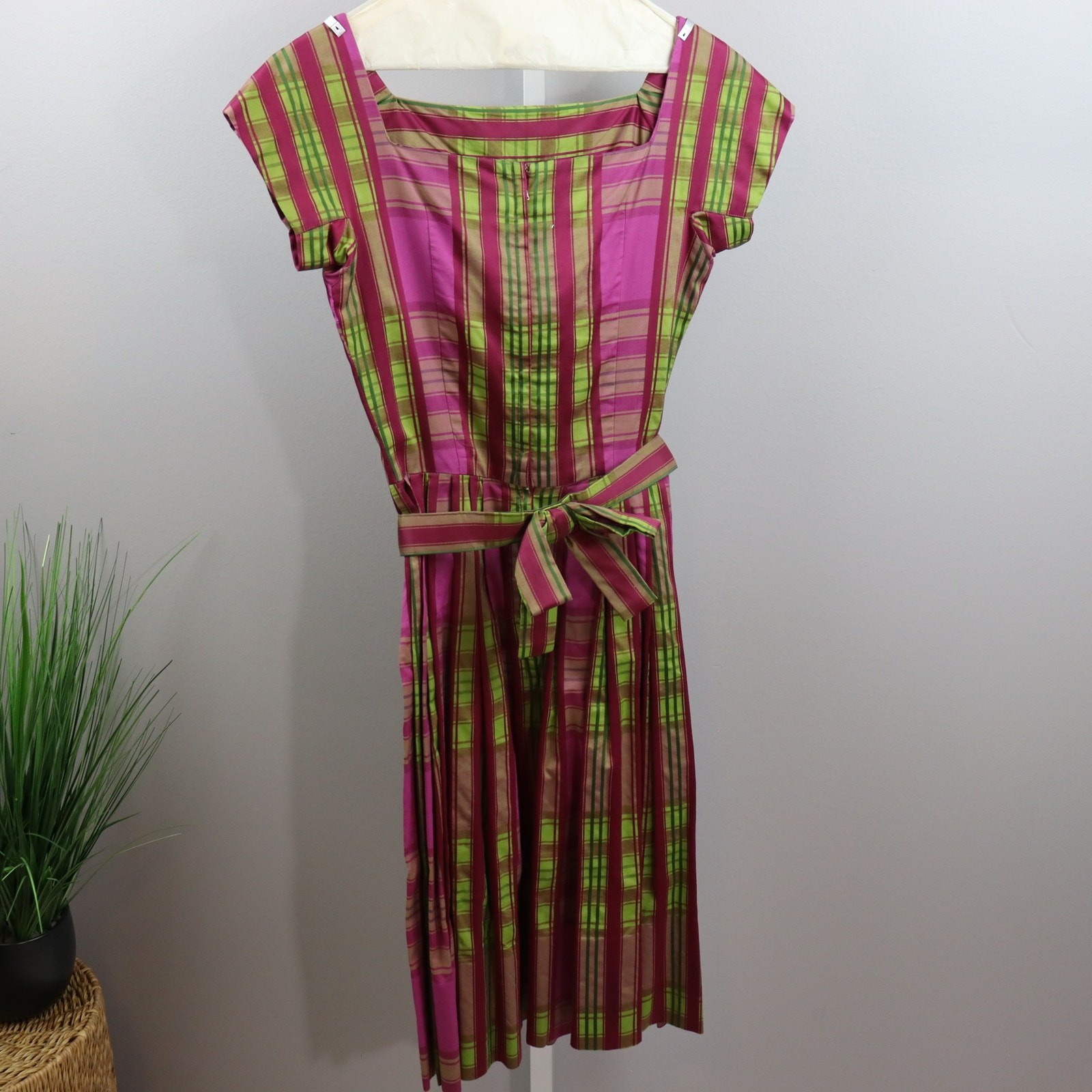 Vintage Neiman Marcus Plaid Silk Dress Pink Green Belted Fit & Flare
