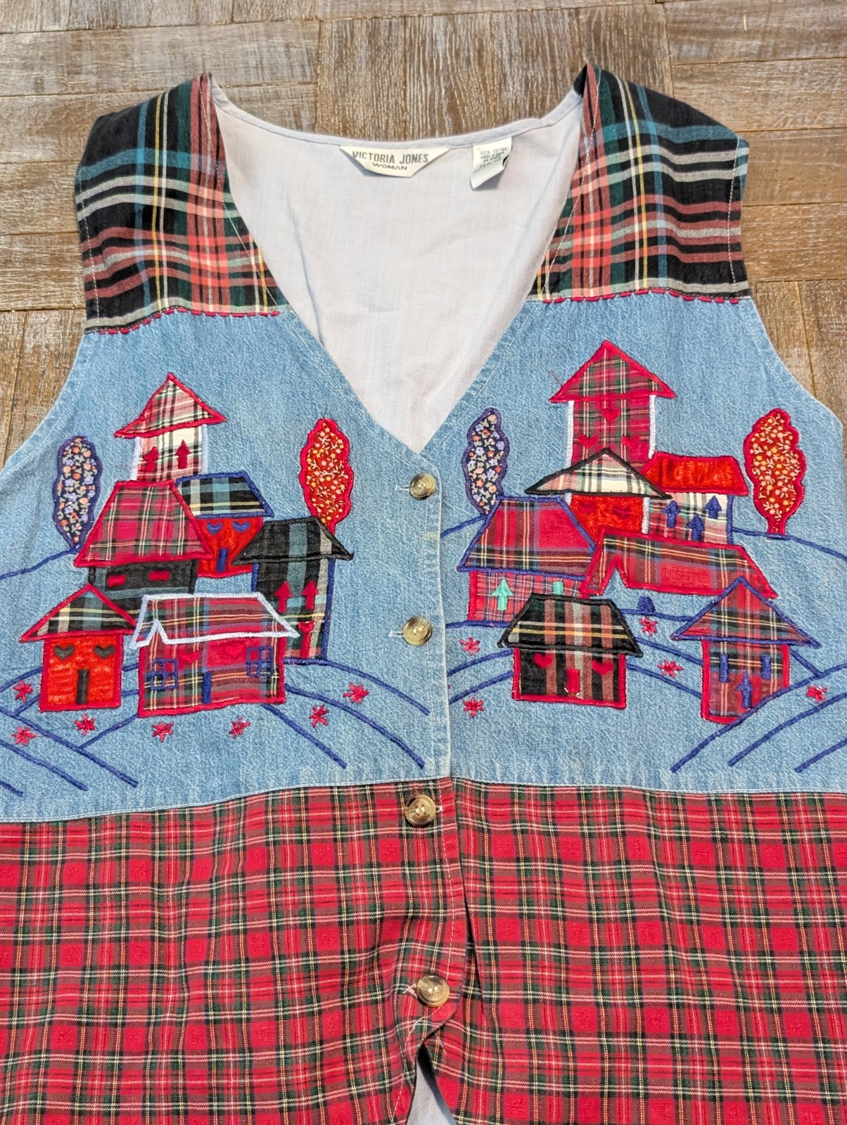 Victoria Jones Woman Vest 22W 42 Denim Patchwork Plaid Button Front Embroidered