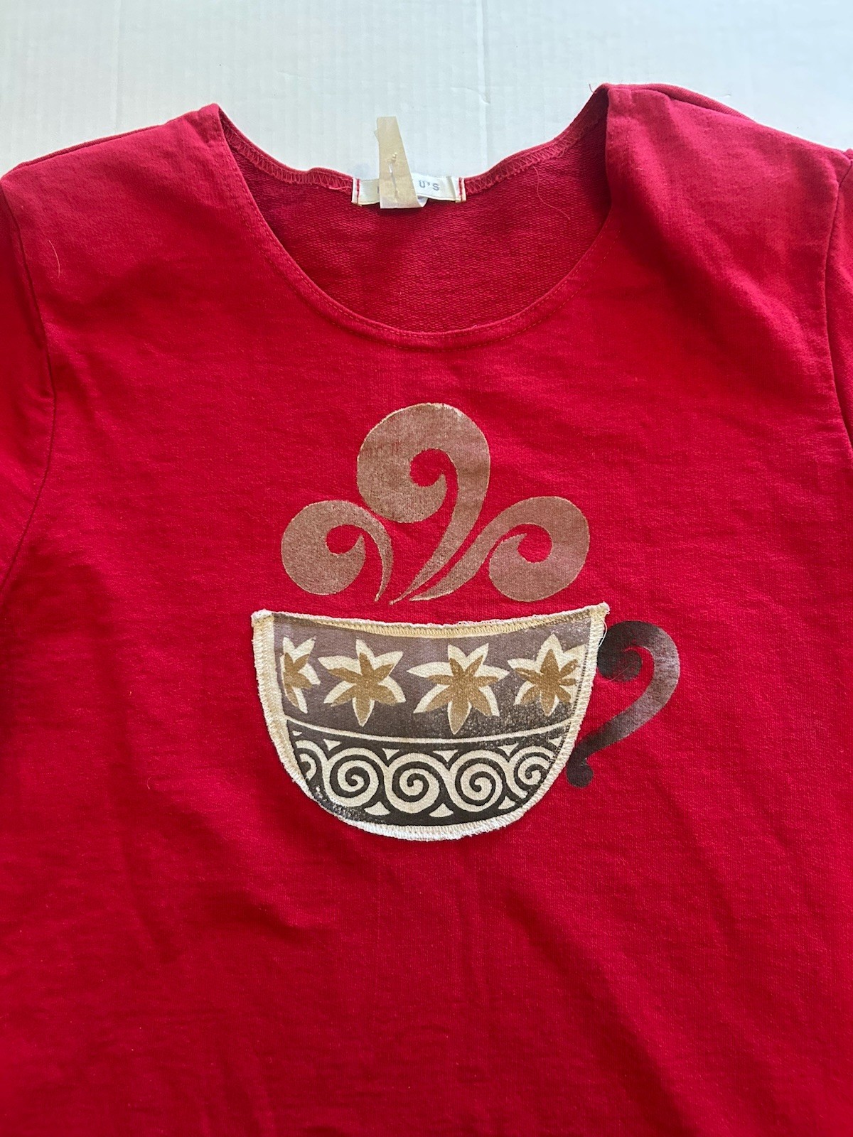 Vtg 1990s Mittu’s Red Sz Large Dress Coffee Cup Embroidered Cotton Maxi Sheath