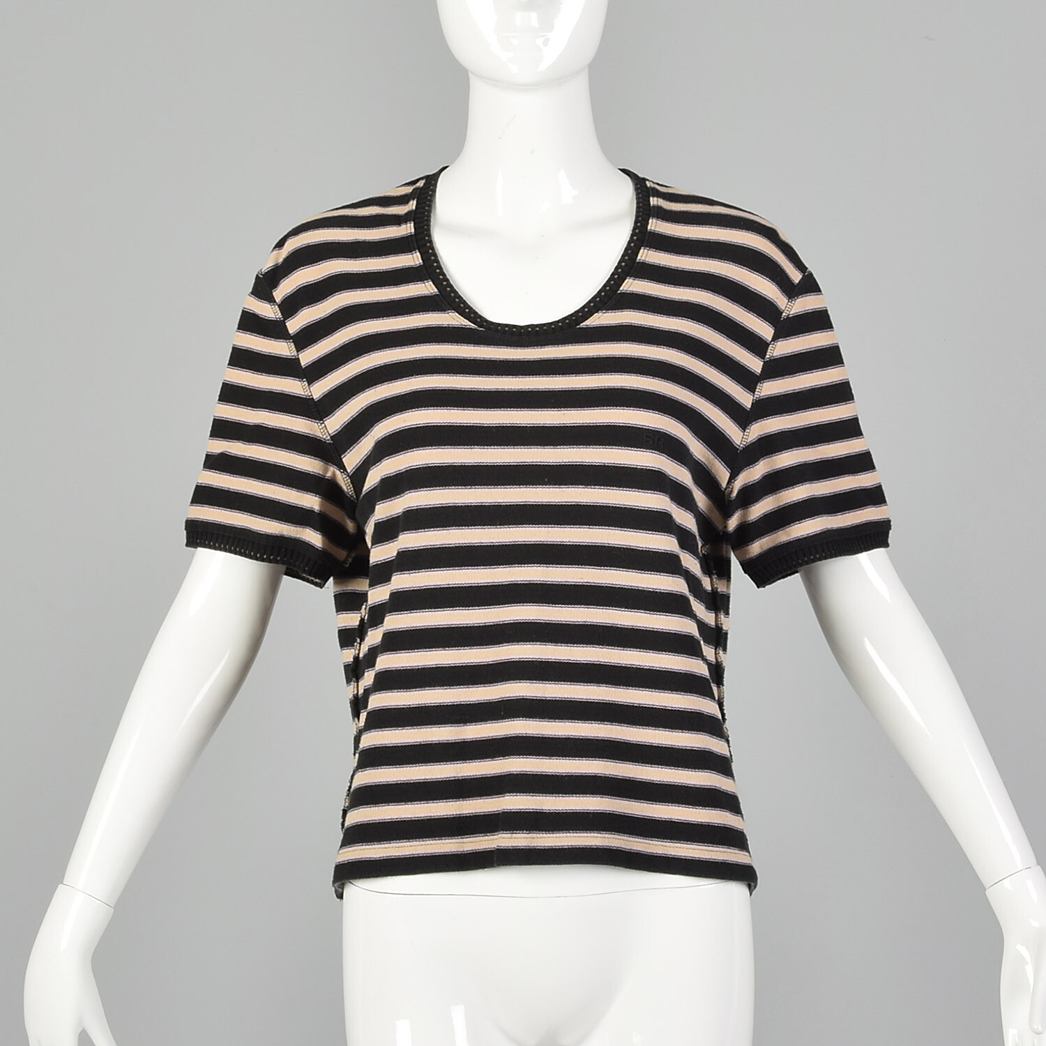 L Sonia Rykiel Black Pink Sweater Designer Striped Short Sleeve Knit Top VTG